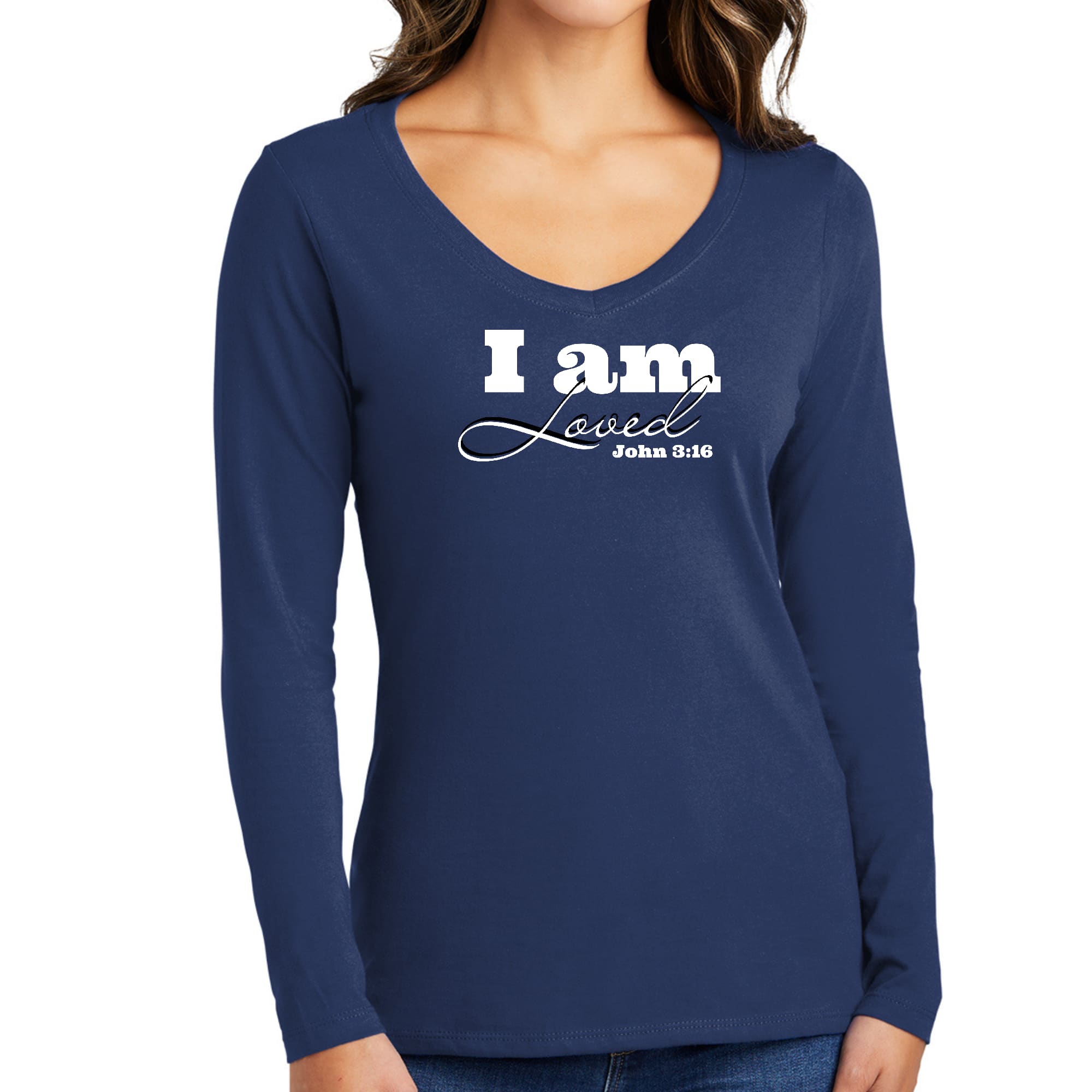 Womens Long Sleeve V-neck Graphic T-shirt, i am Loved - John 3:16-1