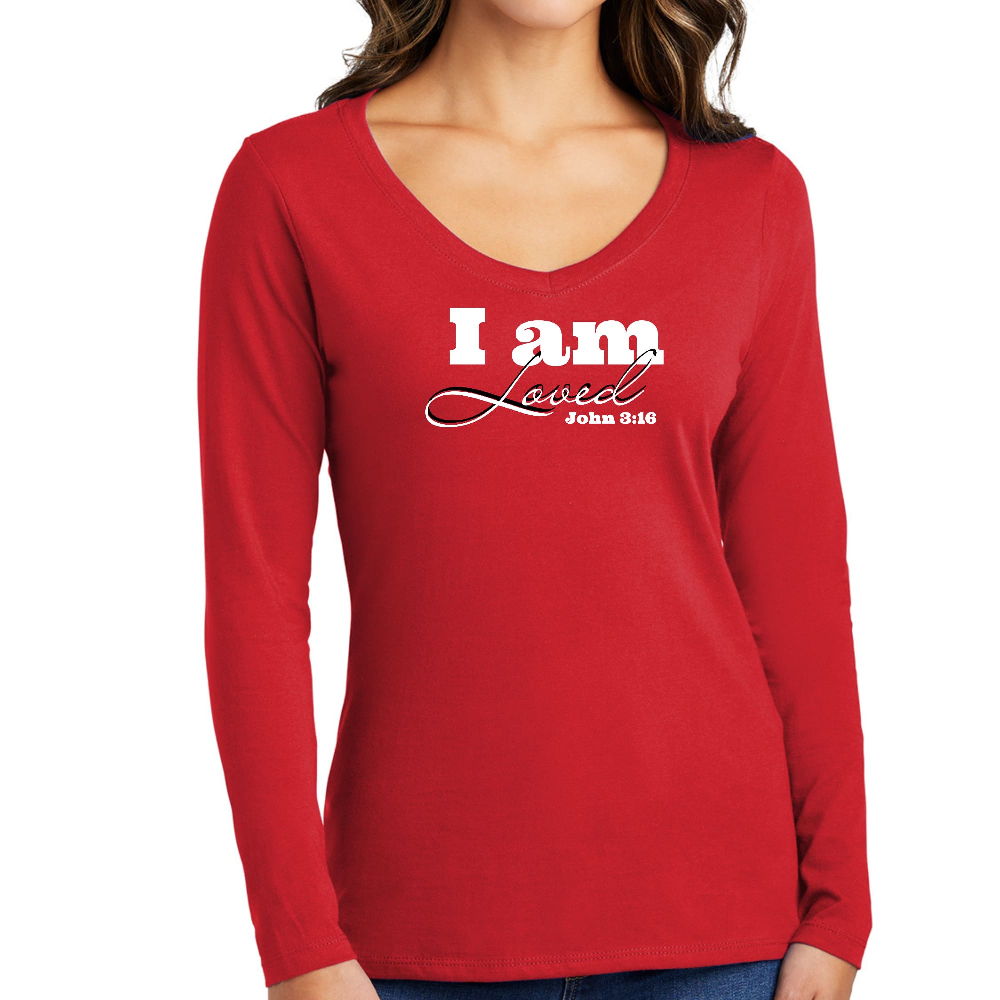 Womens Long Sleeve V-neck Graphic T-shirt, i am Loved - John 3:16-2