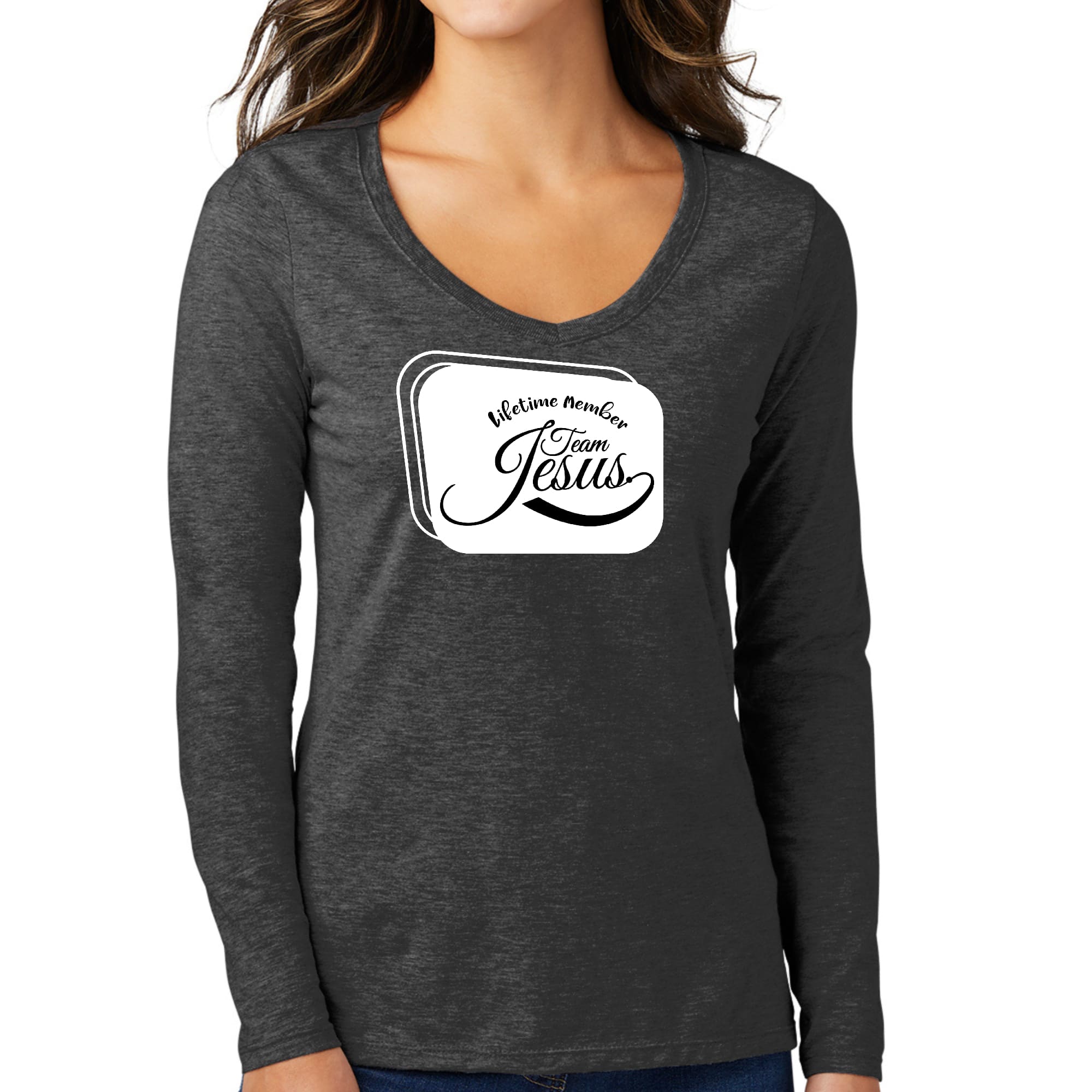 Womens Long Sleeve V-neck Graphic T-shirt, Lifetime Member Team Jesus-3