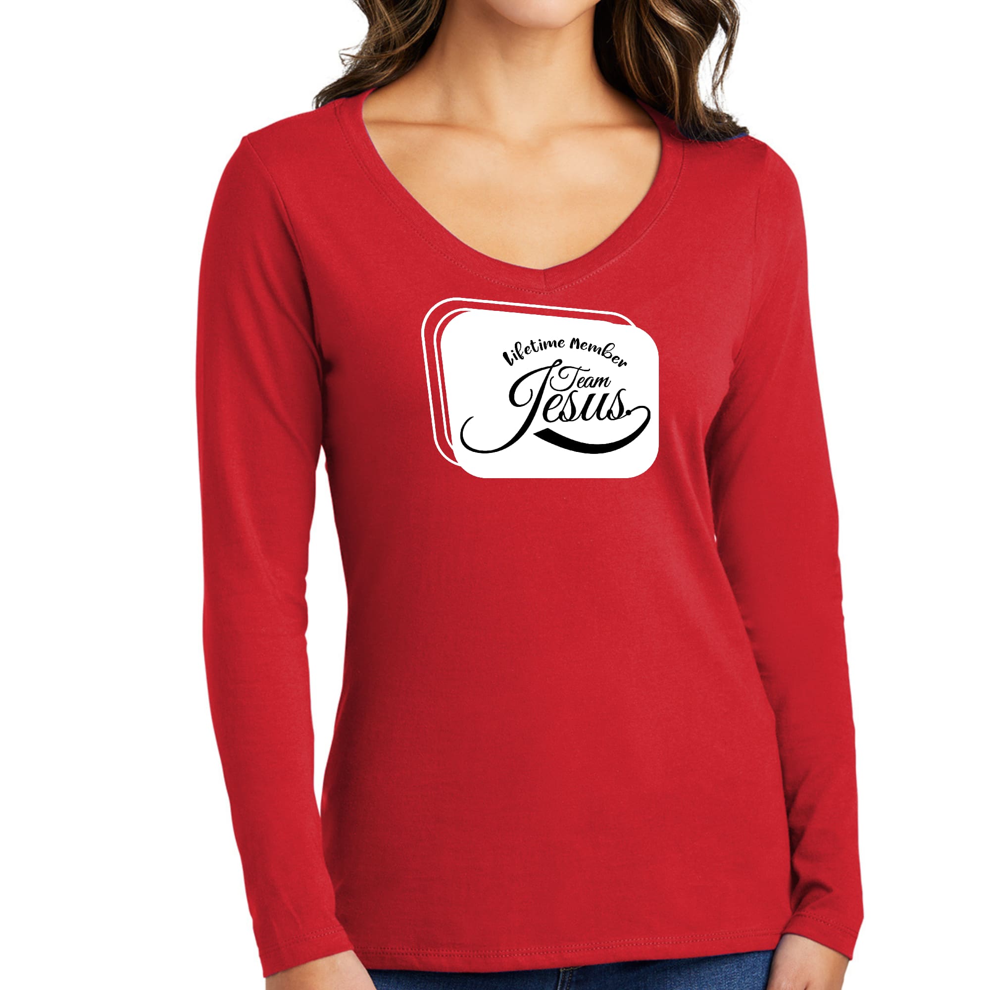 Womens Long Sleeve V-neck Graphic T-shirt, Lifetime Member Team Jesus-2