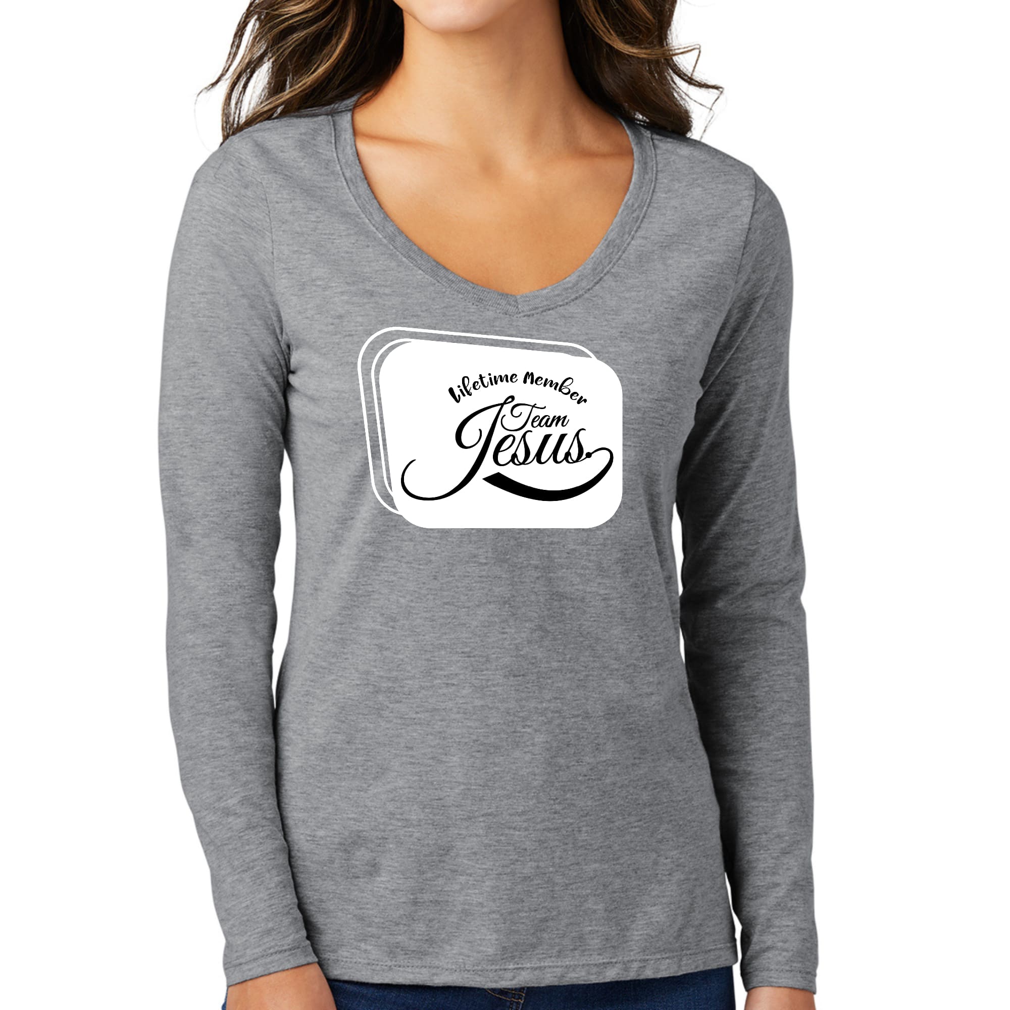 Womens Long Sleeve V-neck Graphic T-shirt, Lifetime Member Team Jesus-4