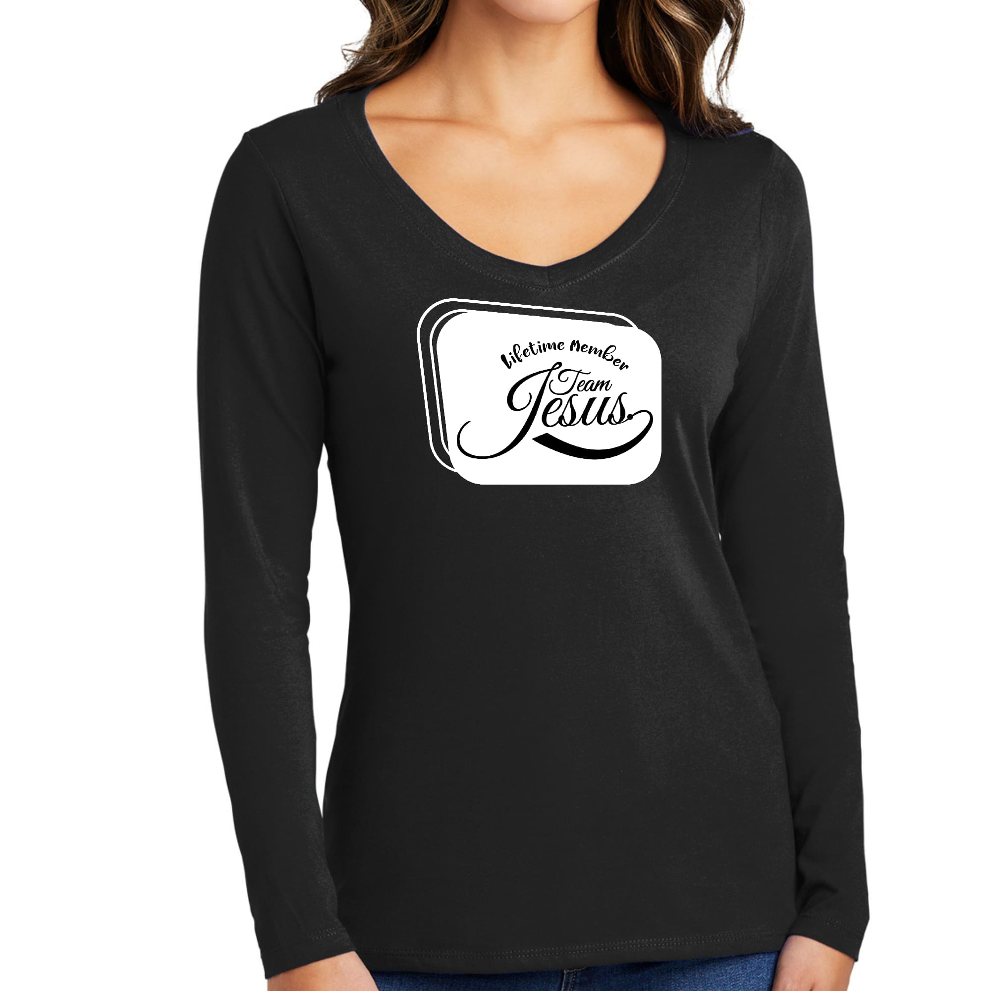 Womens Long Sleeve V-neck Graphic T-shirt, Lifetime Member Team Jesus-0