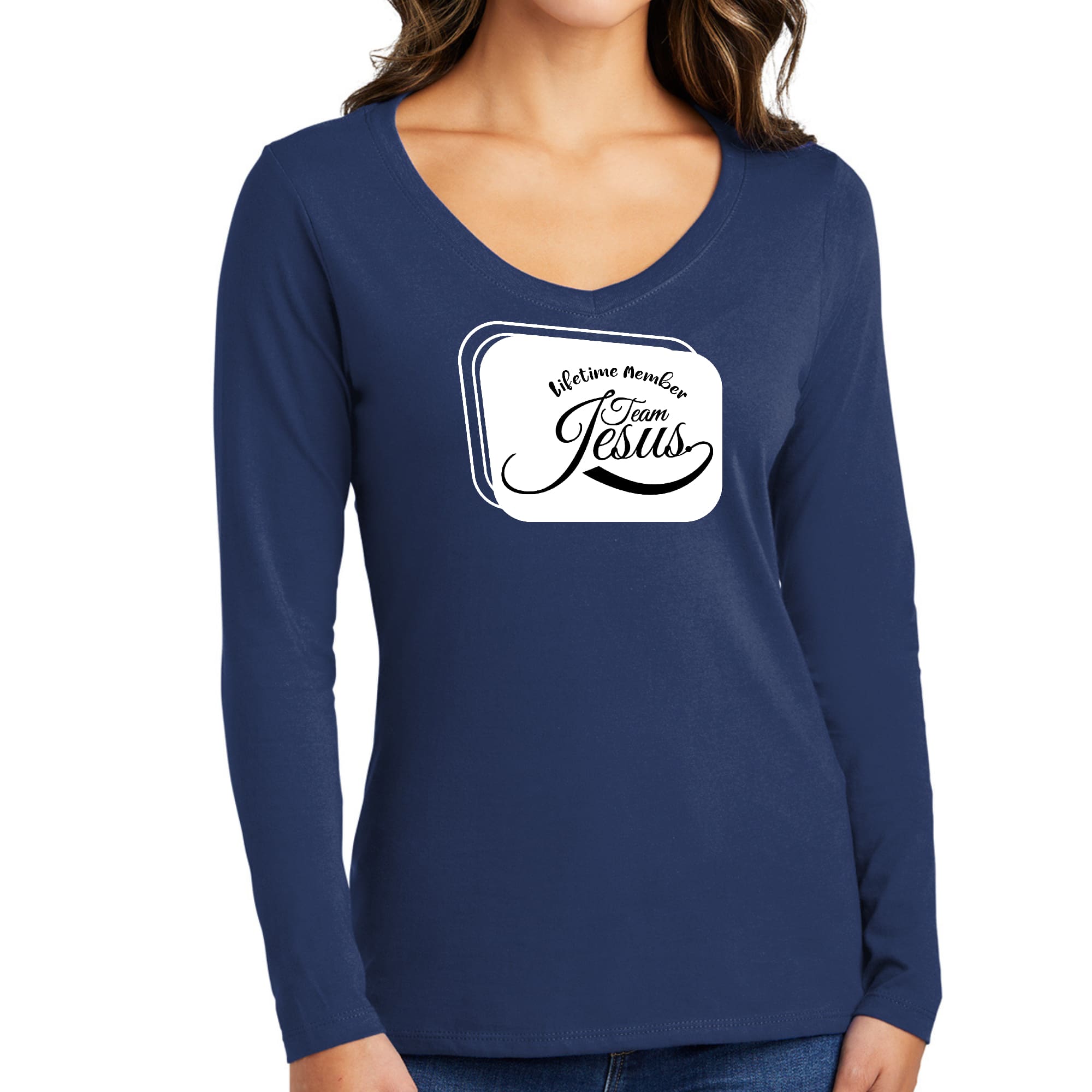 Womens Long Sleeve V-neck Graphic T-shirt, Lifetime Member Team Jesus-1