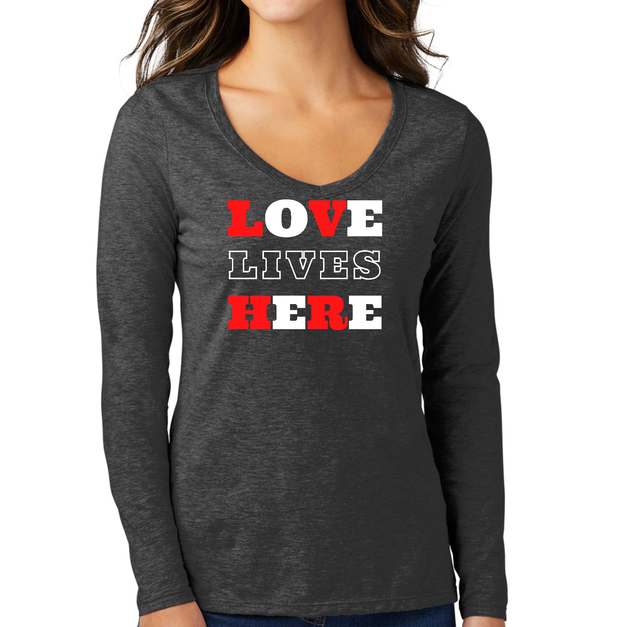 Womens Long Sleeve V-neck Graphic T-shirt, Love Lives Here Christian-3