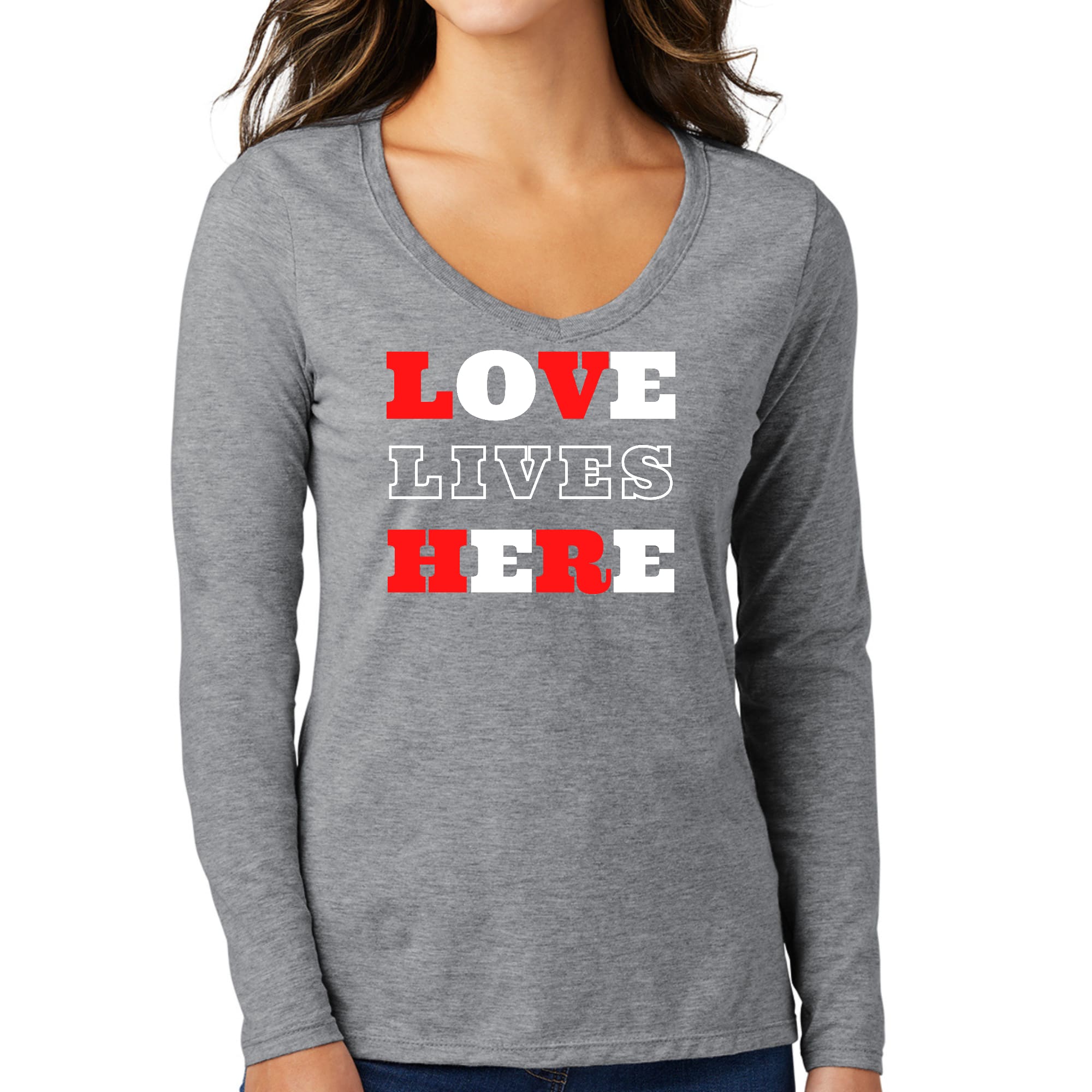 Womens Long Sleeve V-neck Graphic T-shirt, Love Lives Here Christian-4