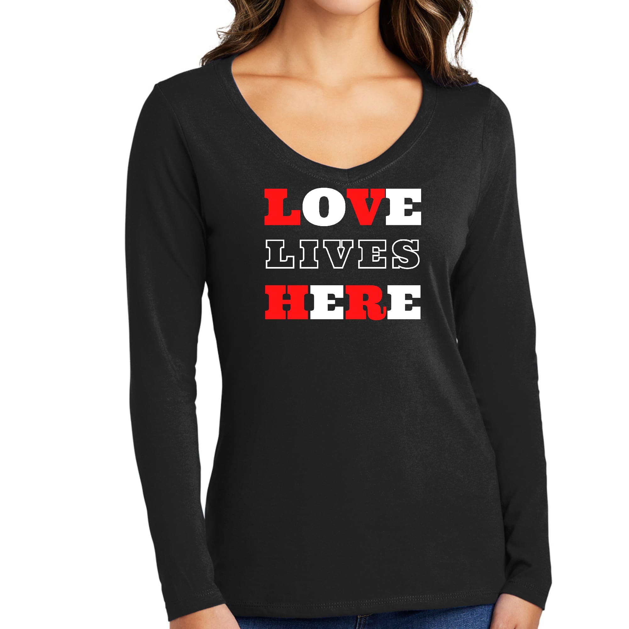 Womens Long Sleeve V-neck Graphic T-shirt, Love Lives Here Christian-0