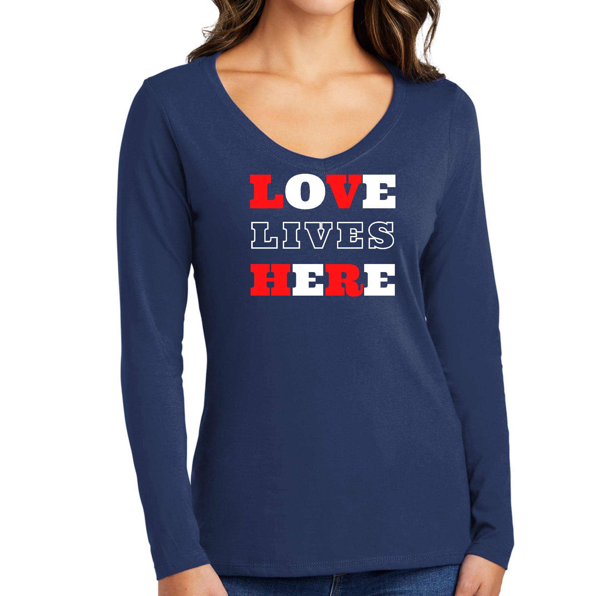 Womens Long Sleeve V-neck Graphic T-shirt, Love Lives Here Christian-1