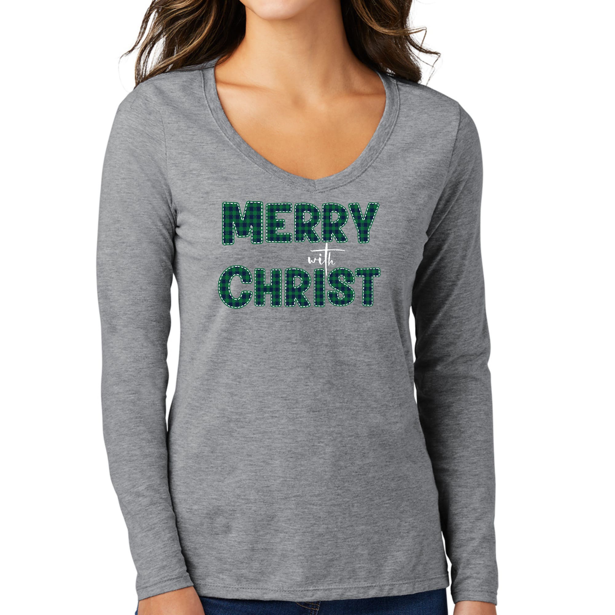 Womens Long Sleeve V-neck Graphic T-shirt, Merry With Christ, Green-4