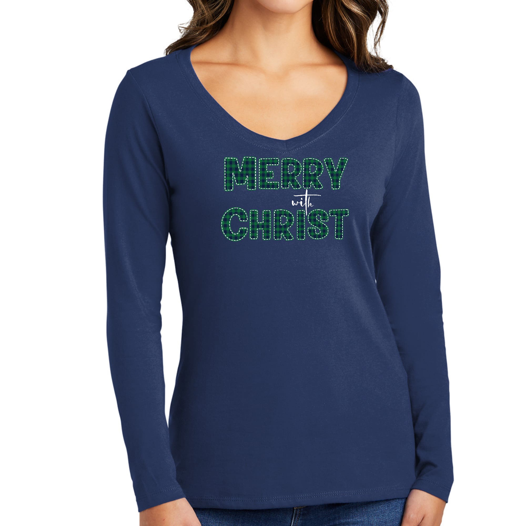 Womens Long Sleeve V-neck Graphic T-shirt, Merry With Christ, Green-1