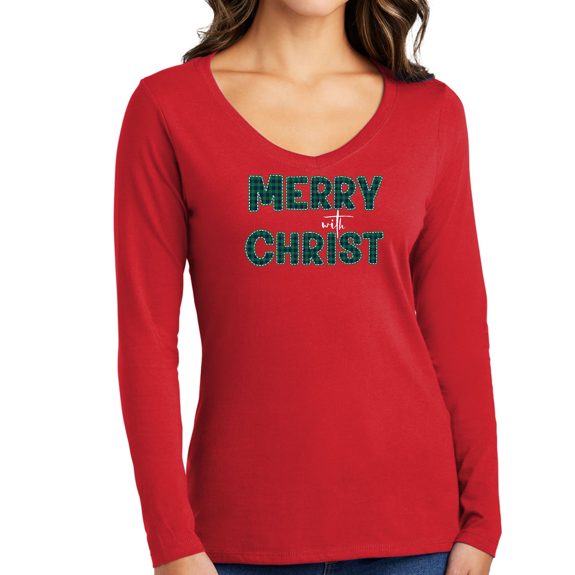 Womens Long Sleeve V-neck Graphic T-shirt, Merry With Christ, Green-2