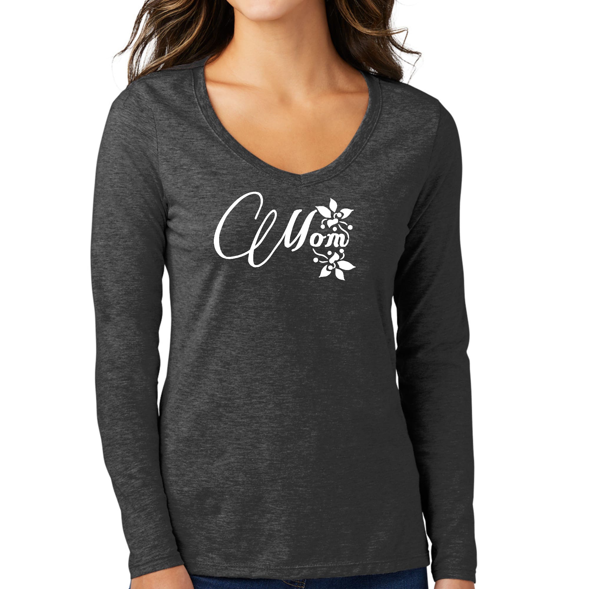 Womens Long Sleeve V-neck Graphic T-shirt, Mom Appreciation-3