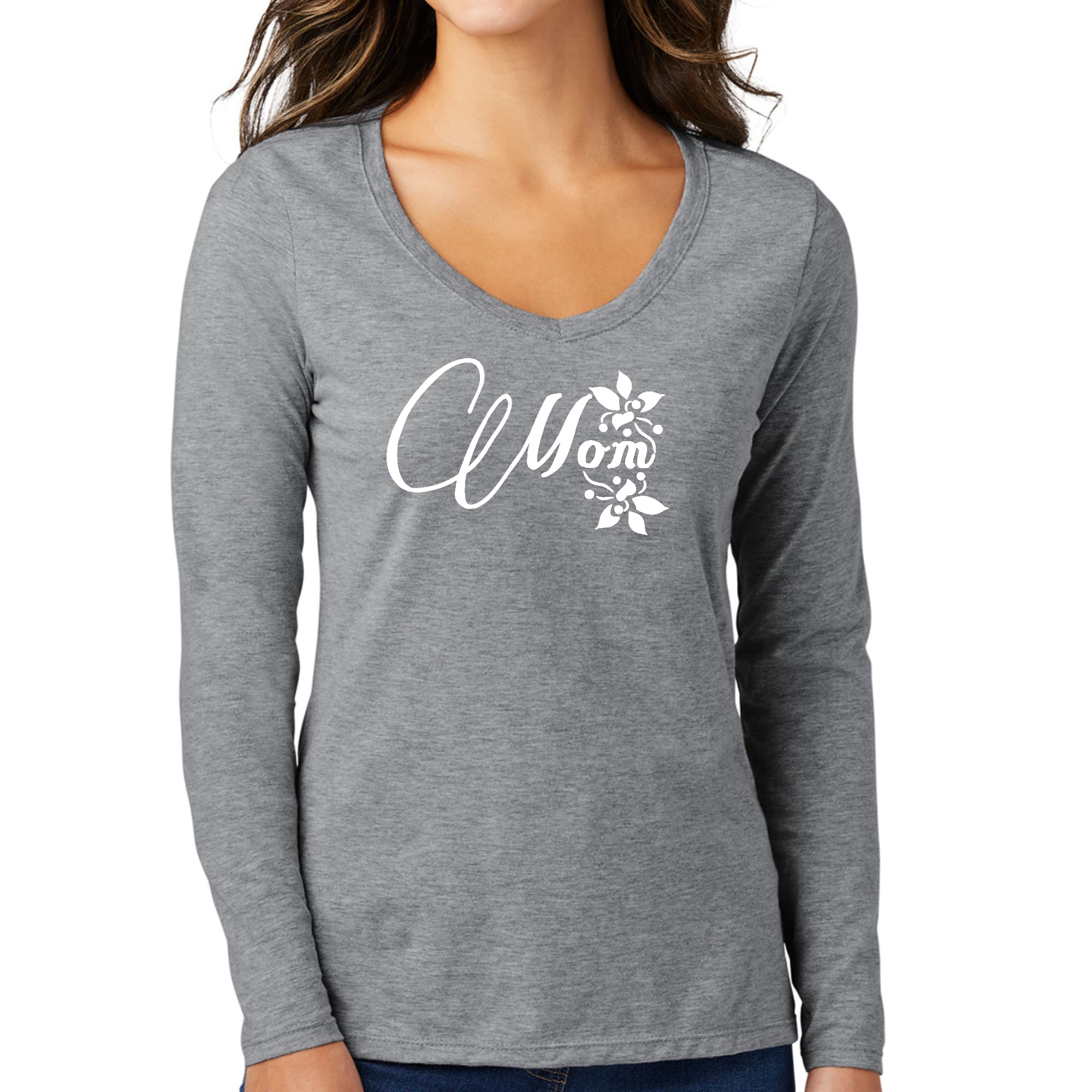 Womens Long Sleeve V-neck Graphic T-shirt, Mom Appreciation-4