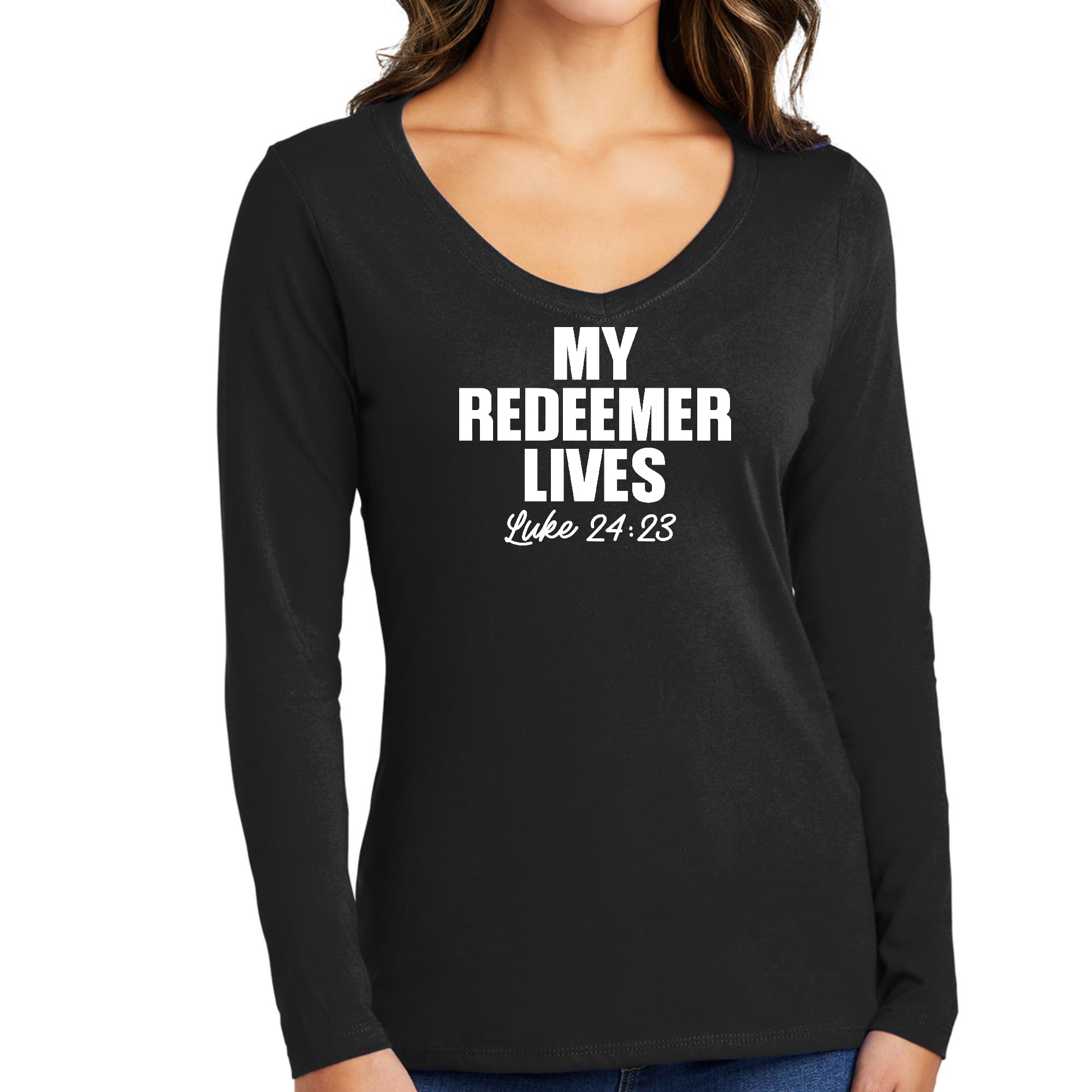 Womens Long Sleeve V-neck Graphic T-shirt, my Redeemer Lives Print-0