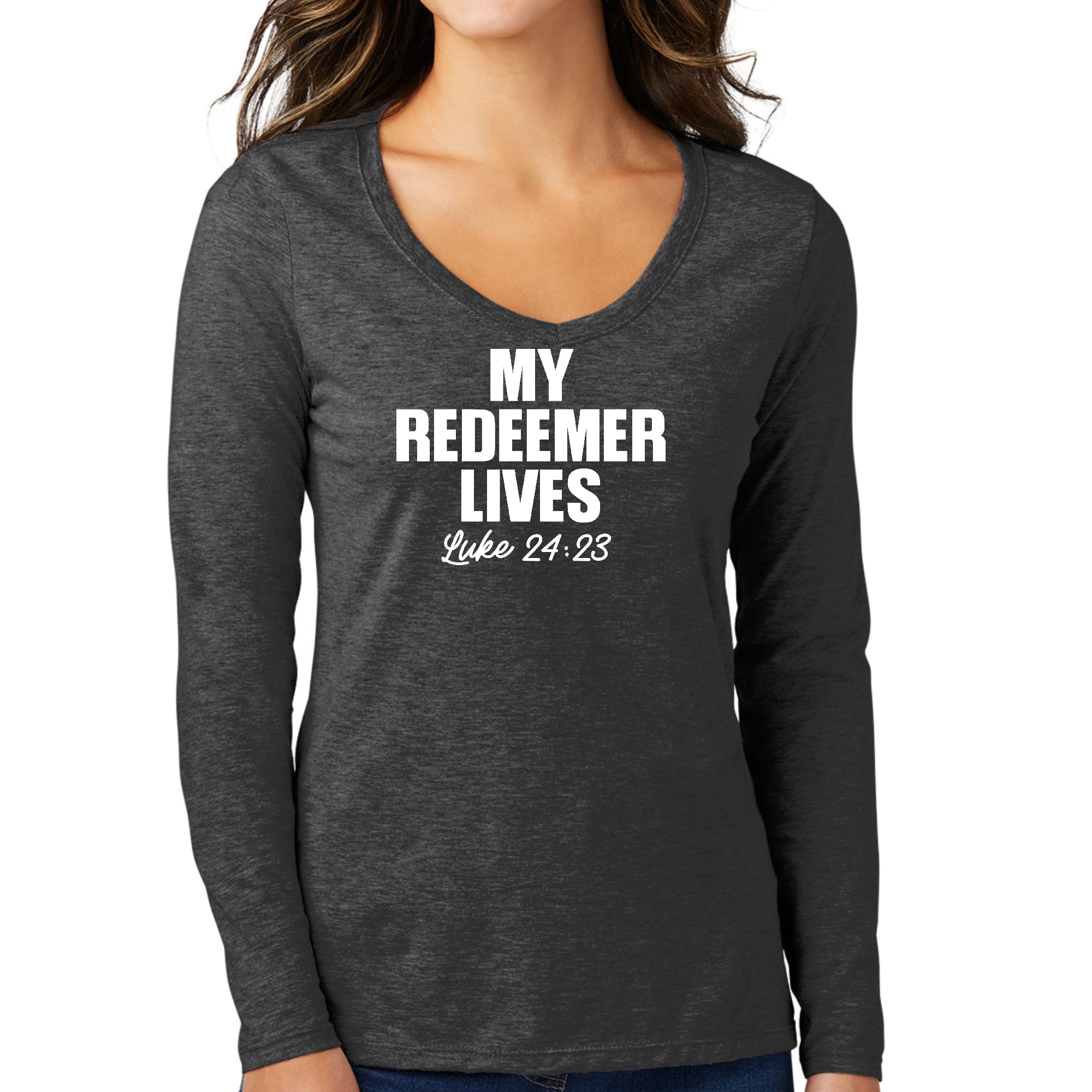 Womens Long Sleeve V-neck Graphic T-shirt, my Redeemer Lives Print-3