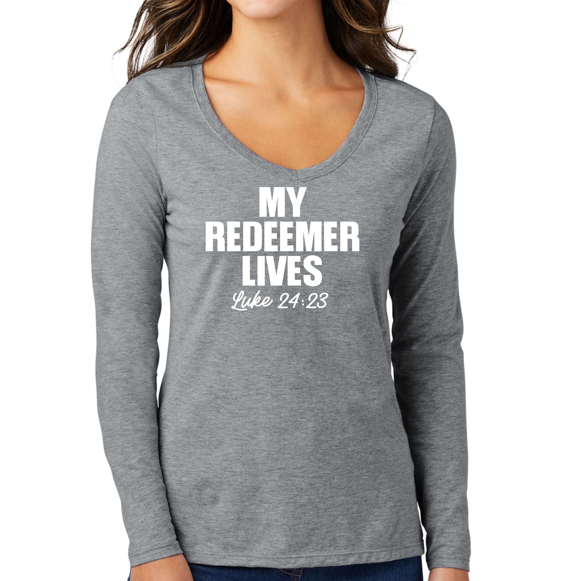 Womens Long Sleeve V-neck Graphic T-shirt, my Redeemer Lives Print-4