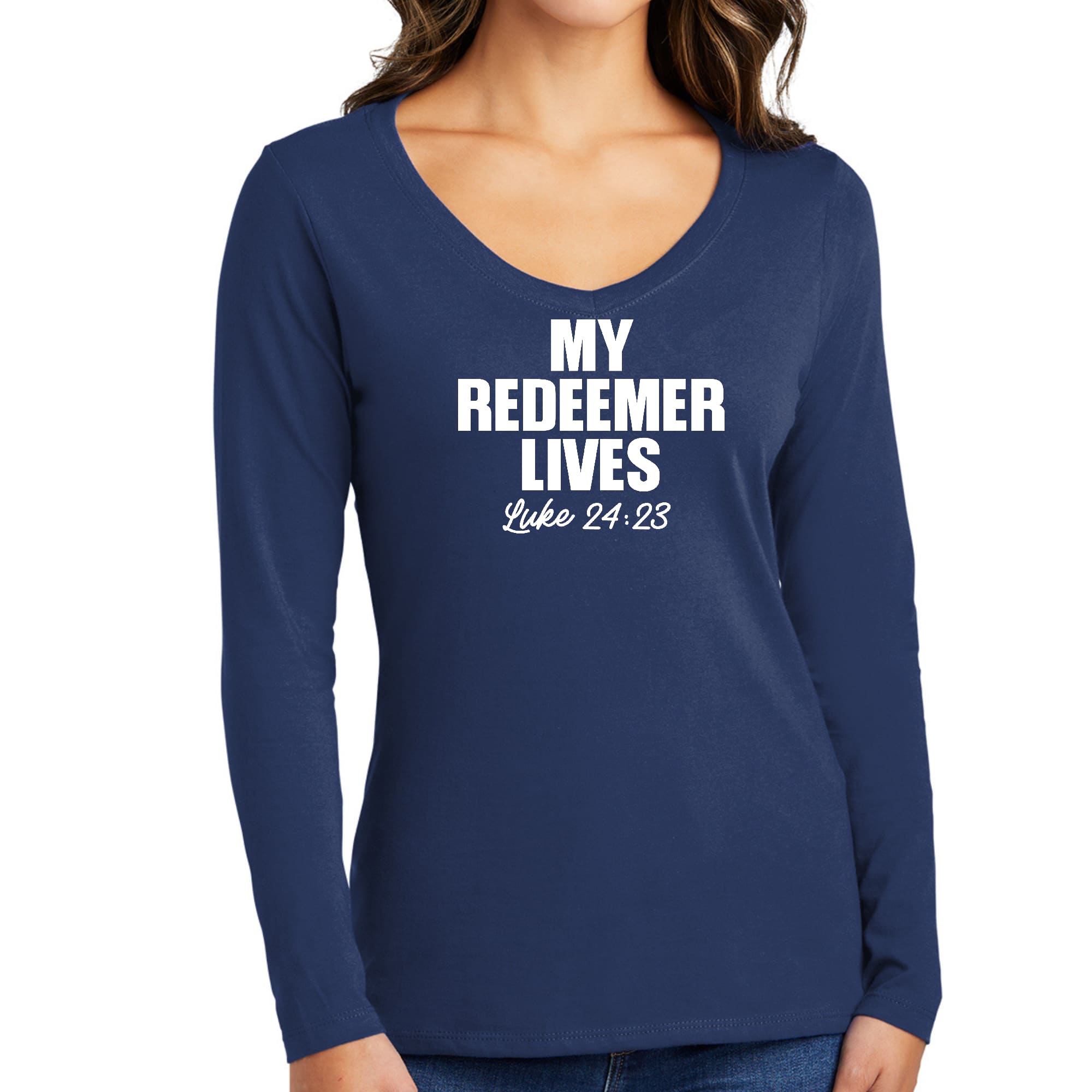 Womens Long Sleeve V-neck Graphic T-shirt, my Redeemer Lives Print-1