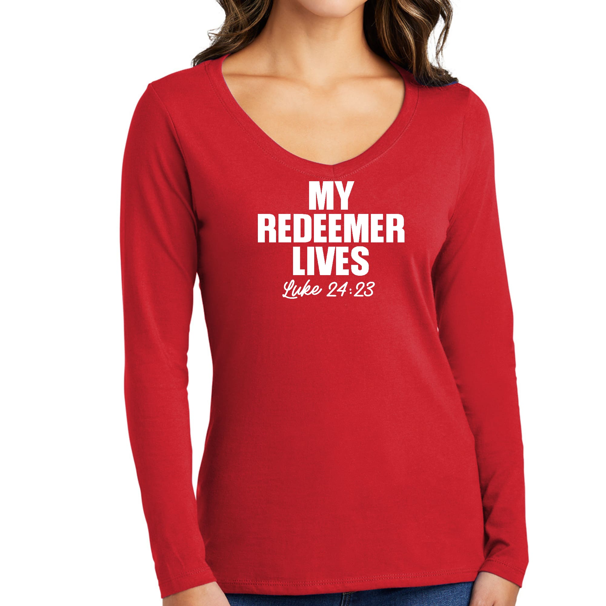 Womens Long Sleeve V-neck Graphic T-shirt, my Redeemer Lives Print-2