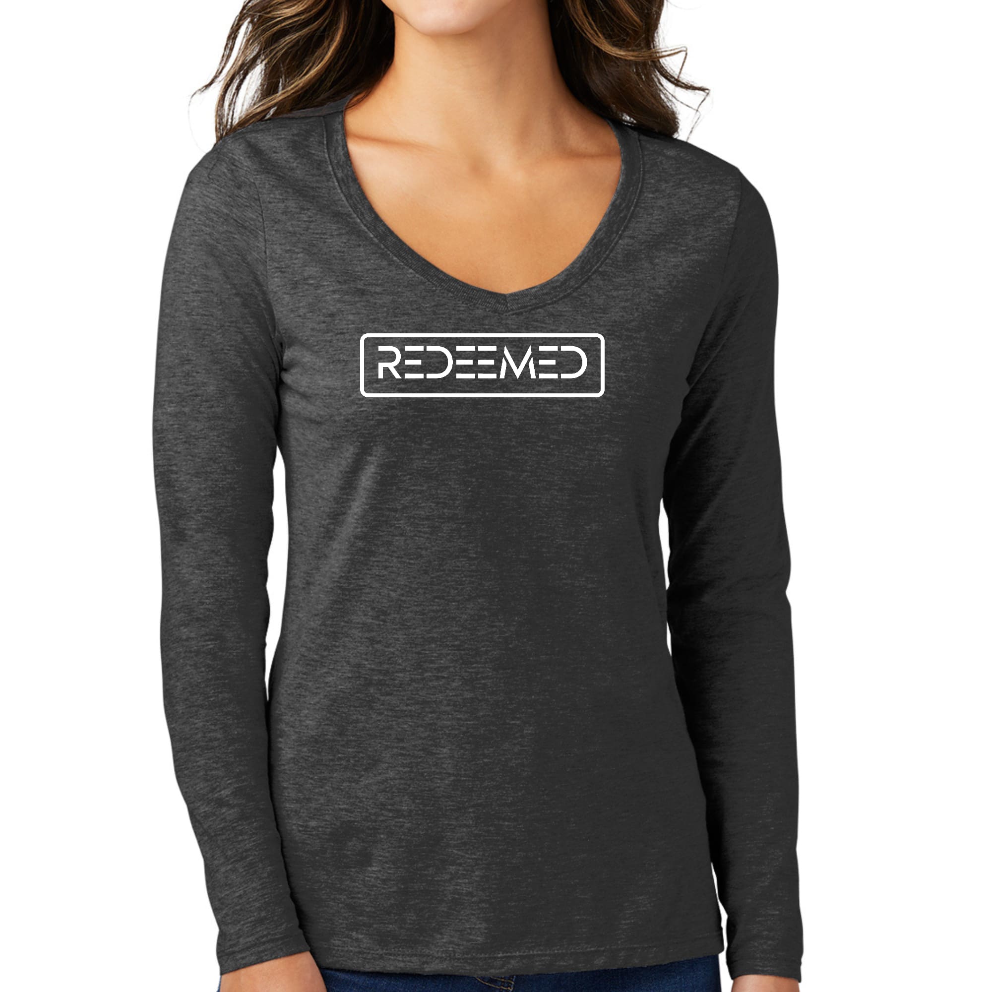 Womens Long Sleeve V-neck Graphic T-shirt, Redeemed-3