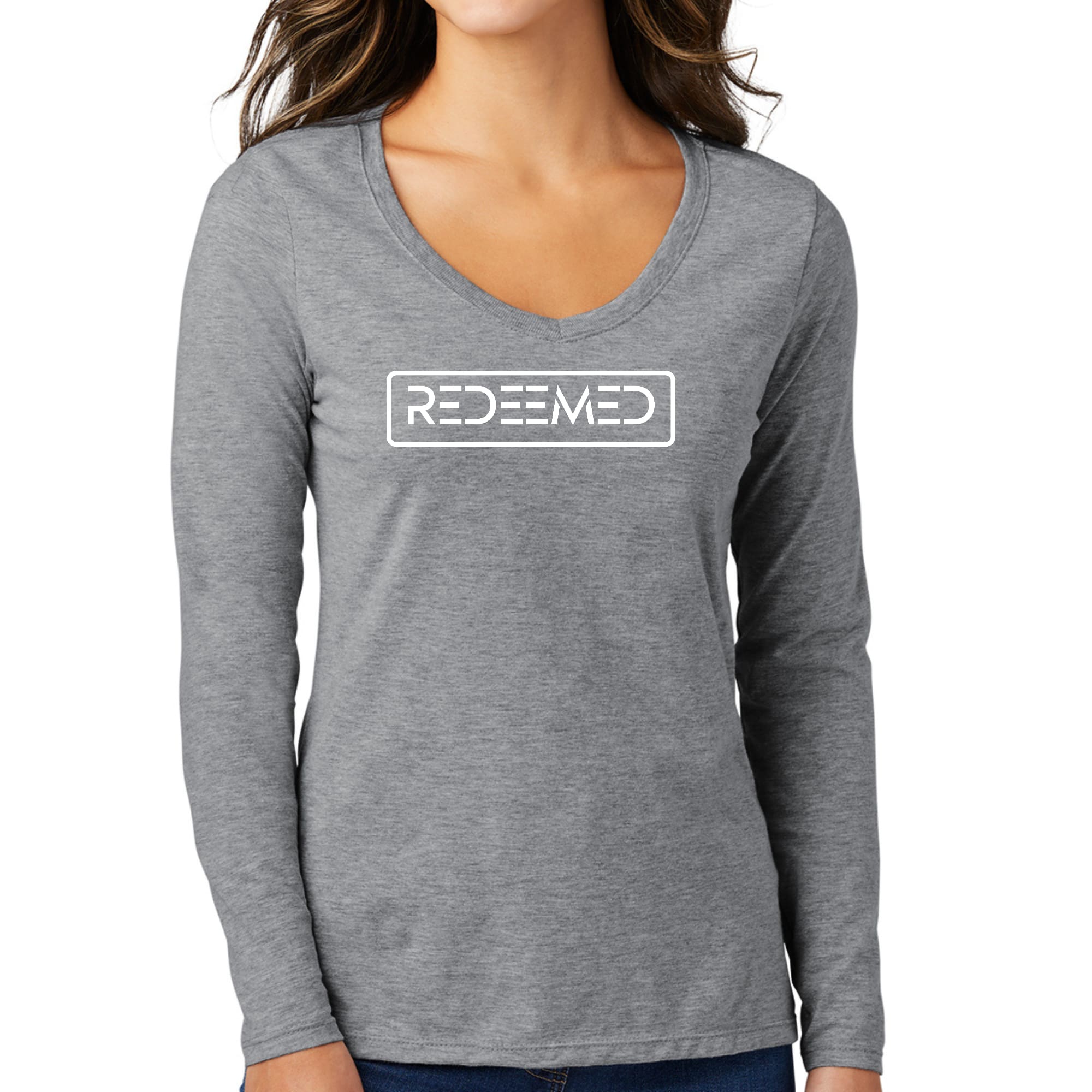 Womens Long Sleeve V-neck Graphic T-shirt, Redeemed-4