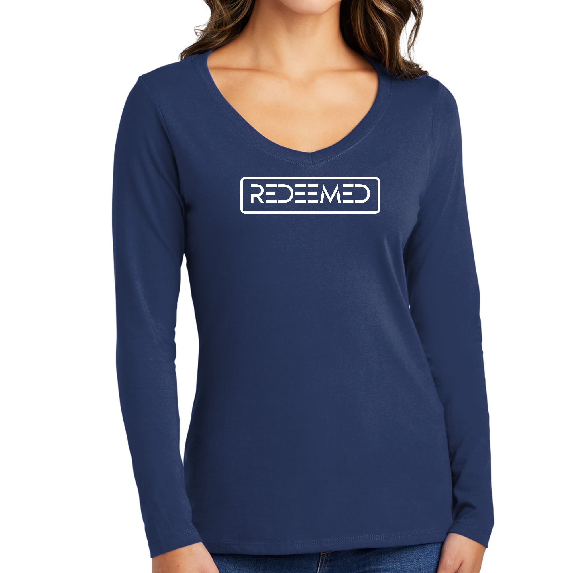 Womens Long Sleeve V-neck Graphic T-shirt, Redeemed-1