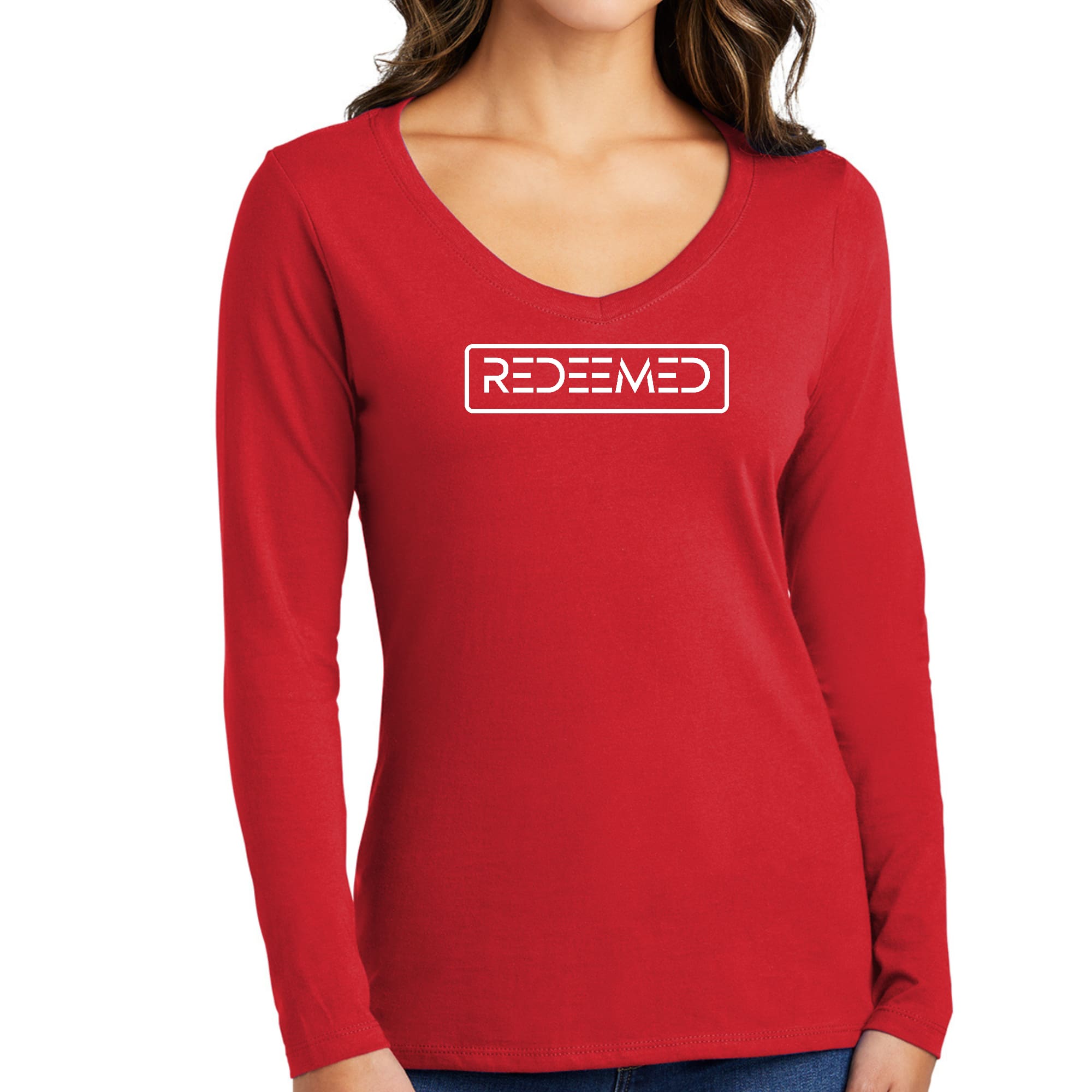 Womens Long Sleeve V-neck Graphic T-shirt, Redeemed-2