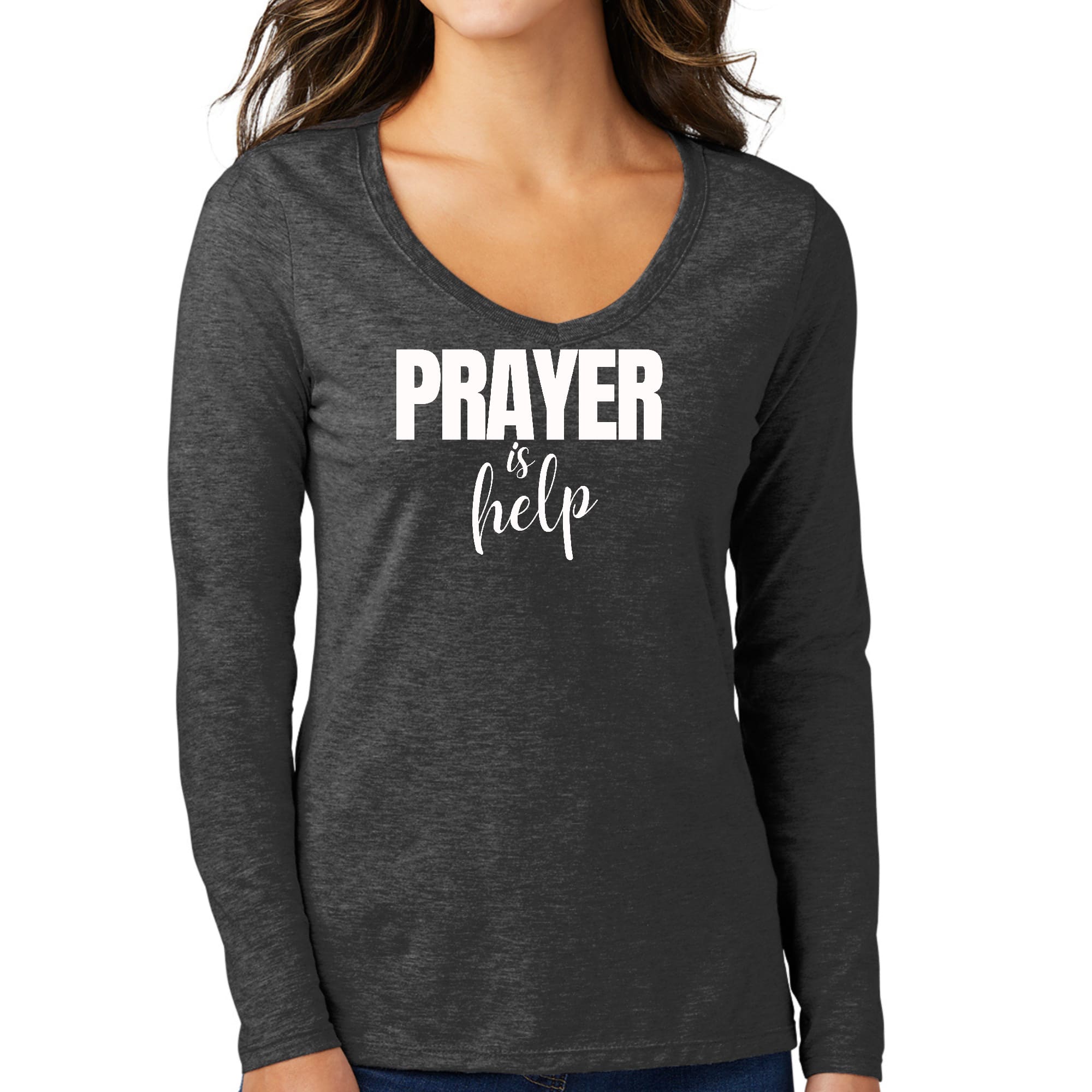 Womens Long Sleeve V-neck Graphic T-shirt, Say It Soul - Prayer-3