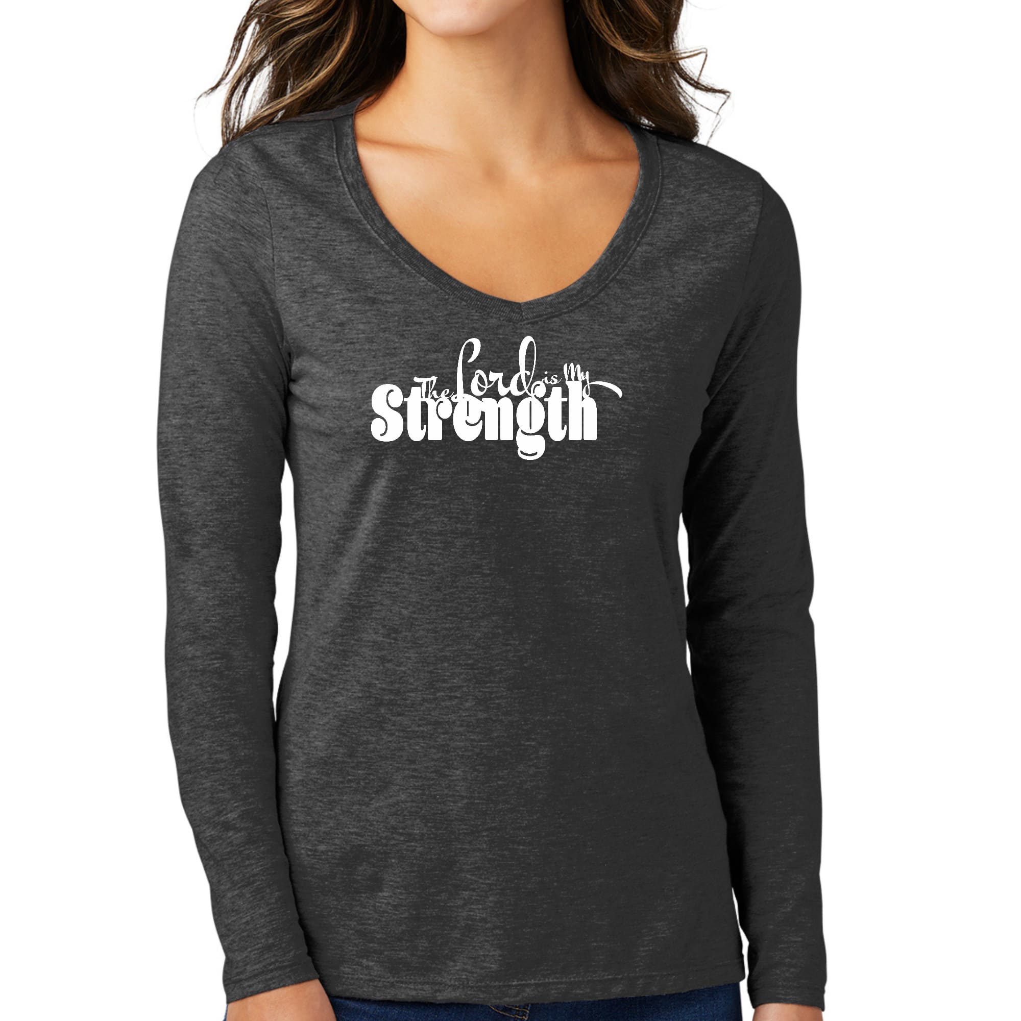 Womens Long Sleeve V-neck Graphic T-shirt, The Lord Is My Strength-3