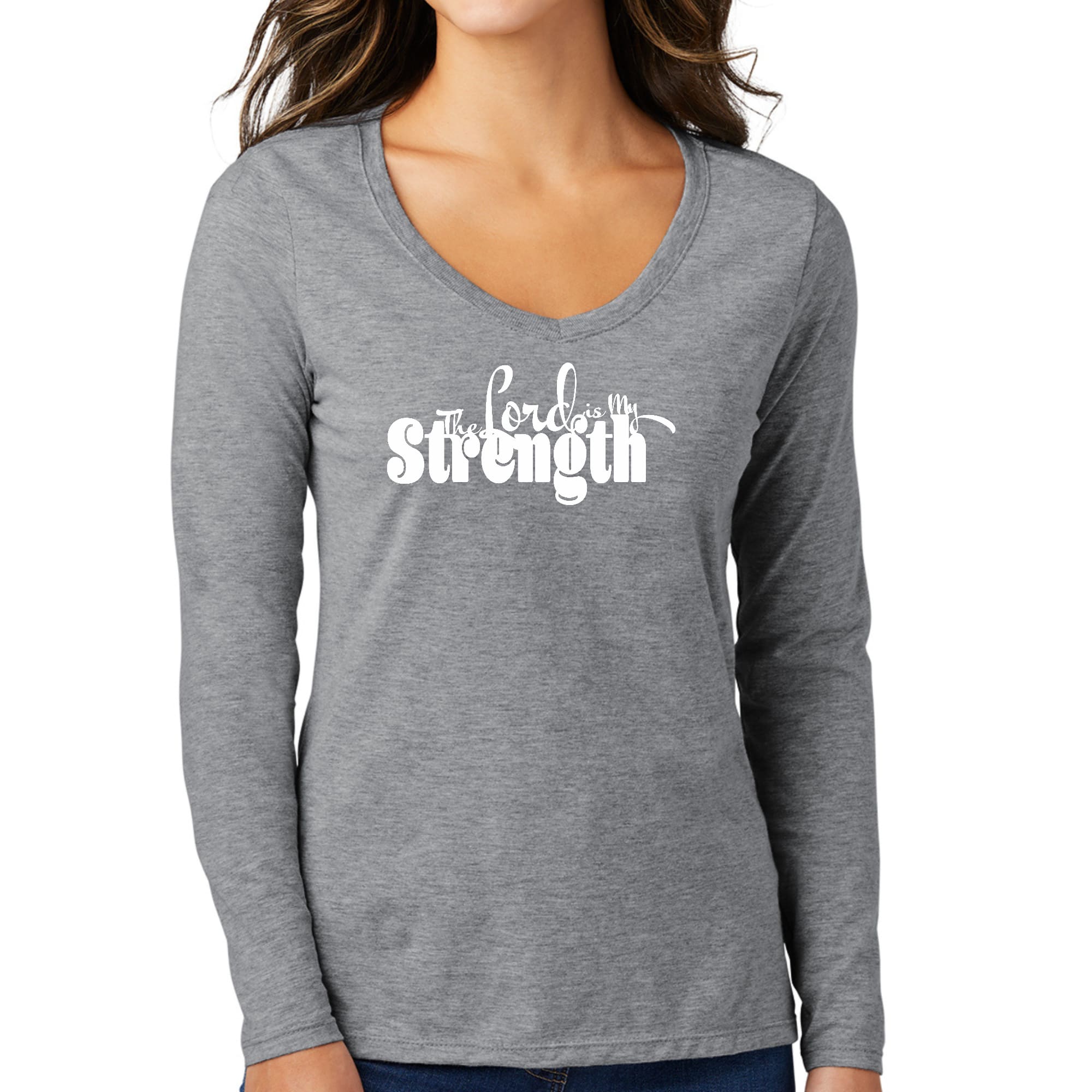 Womens Long Sleeve V-neck Graphic T-shirt, The Lord Is My Strength-4