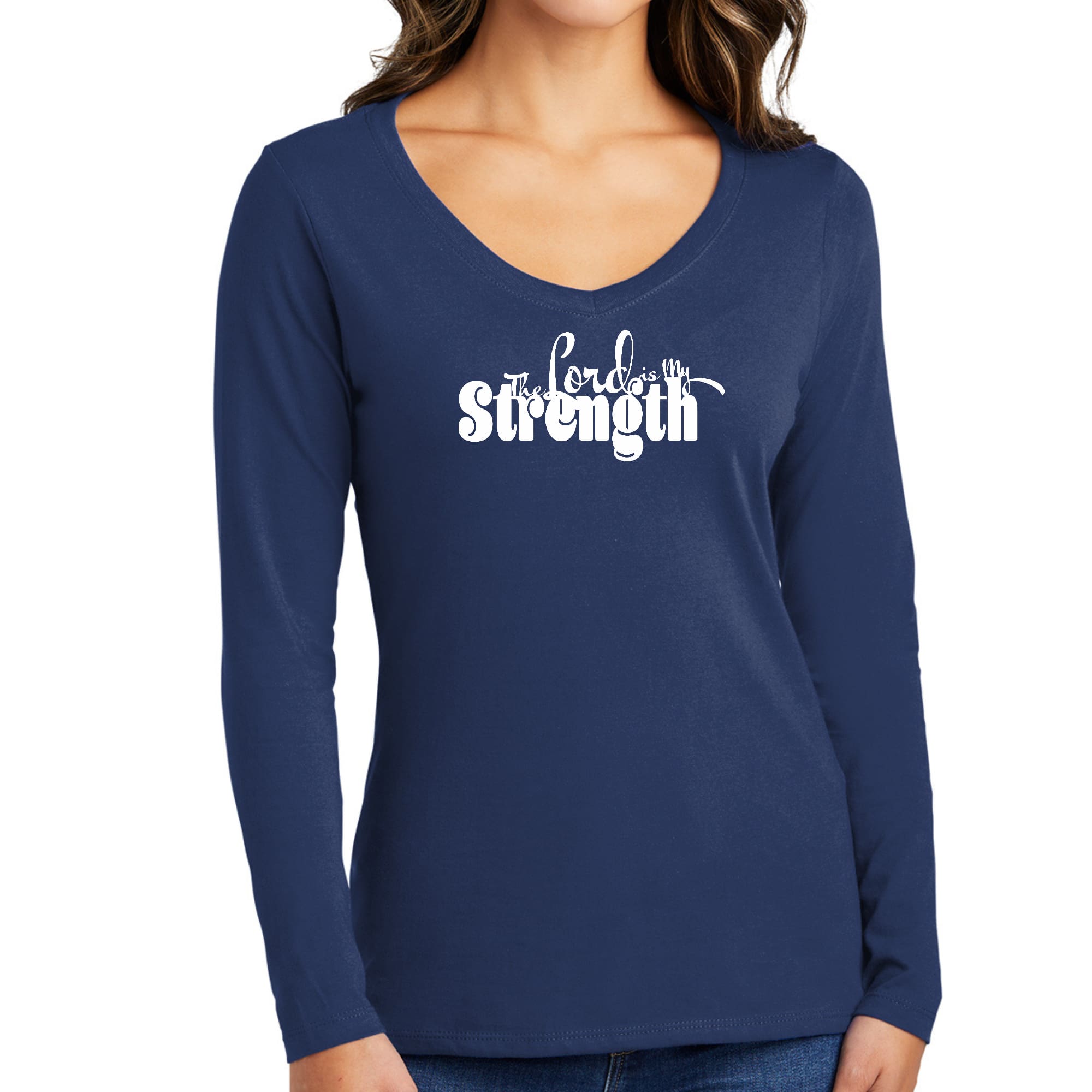 Womens Long Sleeve V-neck Graphic T-shirt, The Lord Is My Strength-1