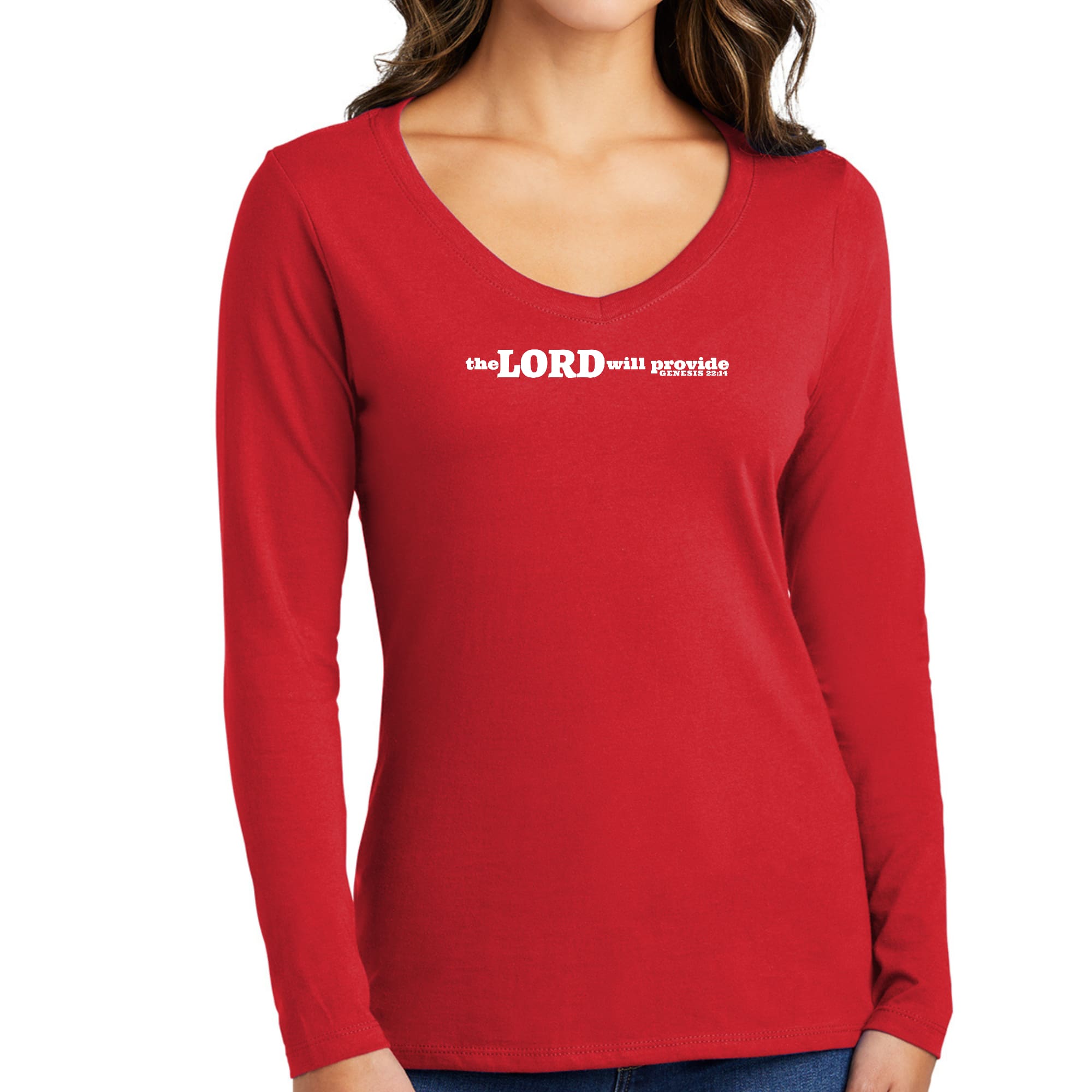 Womens Long Sleeve V-neck Graphic T-shirt, The Lord Will Provide Print-2