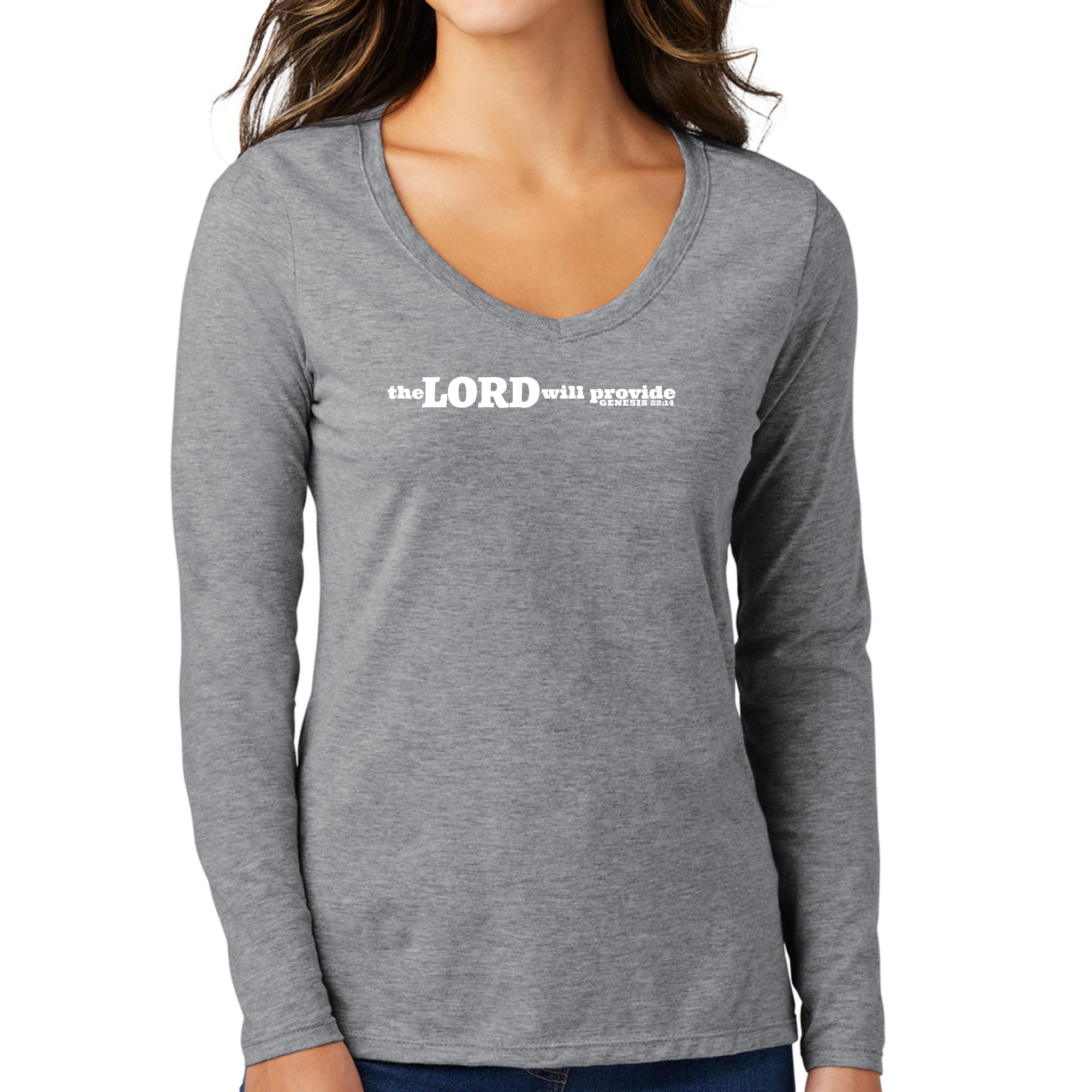 Womens Long Sleeve V-neck Graphic T-shirt, The Lord Will Provide Print-4