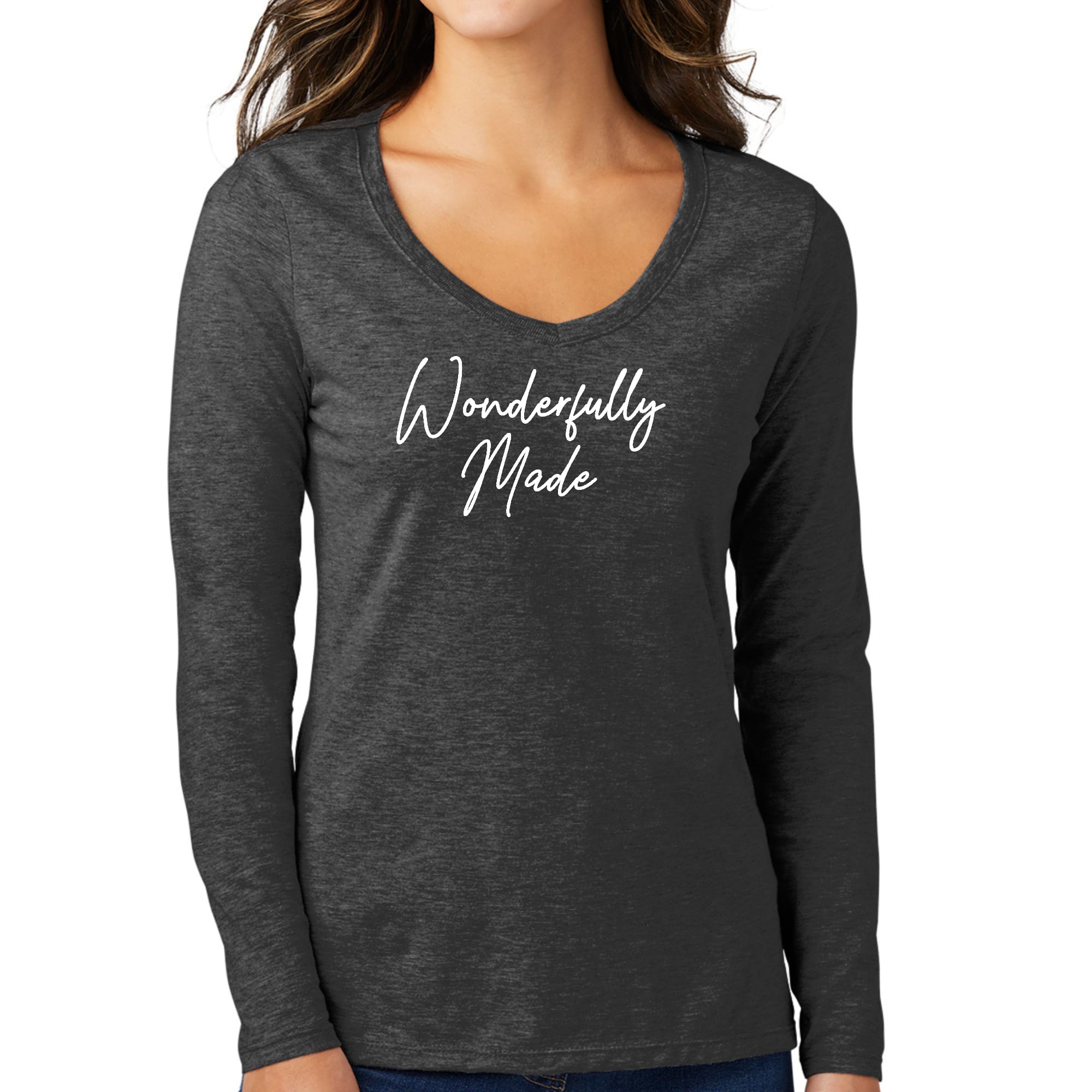 Womens Long Sleeve V-neck Graphic T-shirt, Wonderfully Made-3