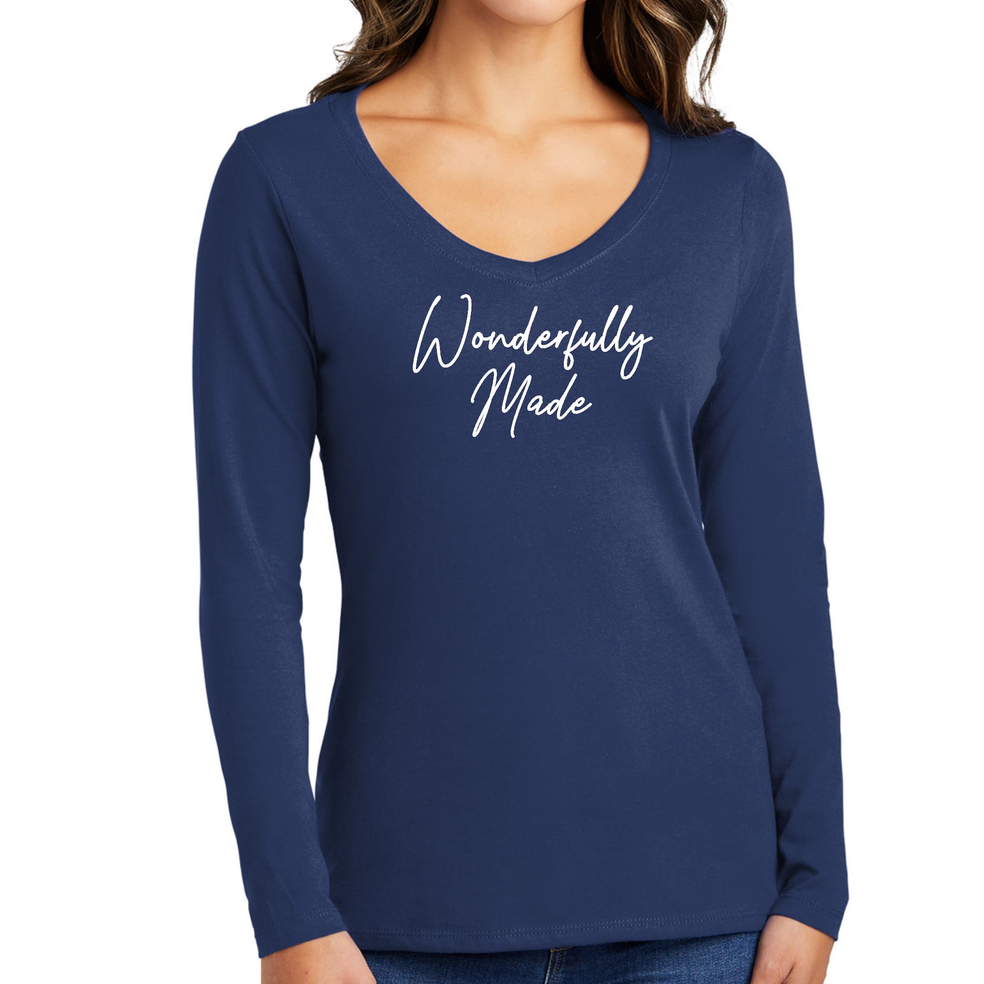 Womens Long Sleeve V-neck Graphic T-shirt, Wonderfully Made-1