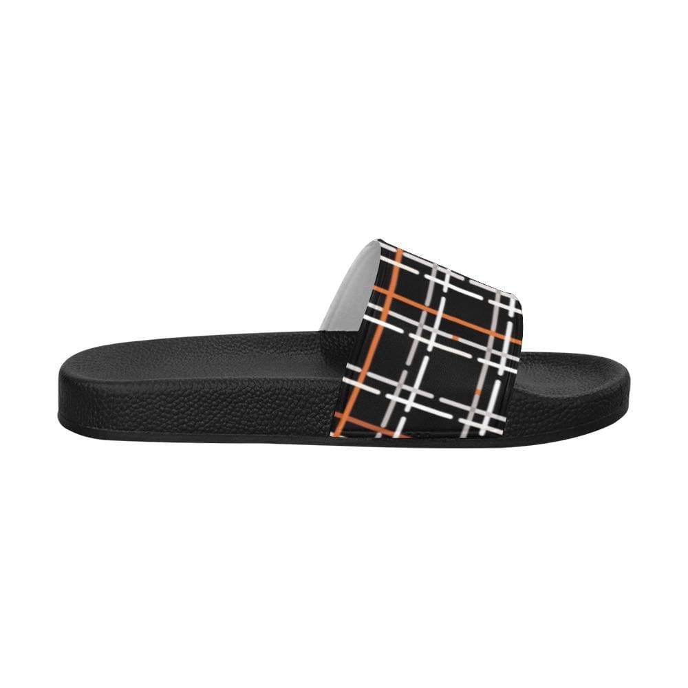 Womens Slides, Flip Flop Sandals, Black Orange And White Tartan Print-0