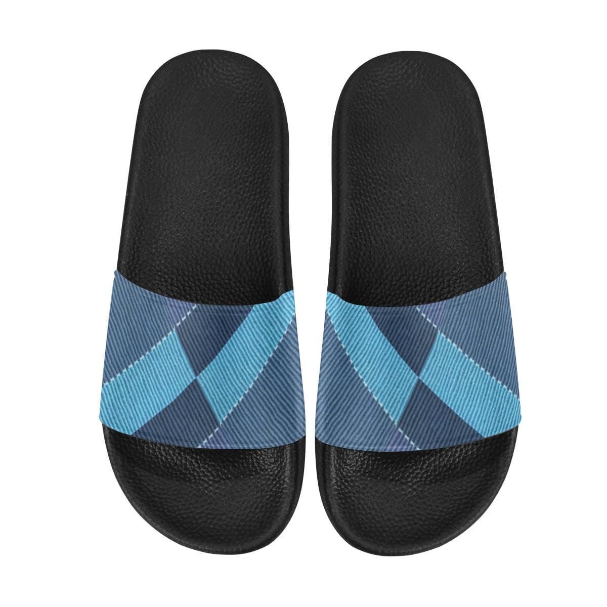 Womens Slides, Flip Flop Sandals, Blue Denim Grid-2