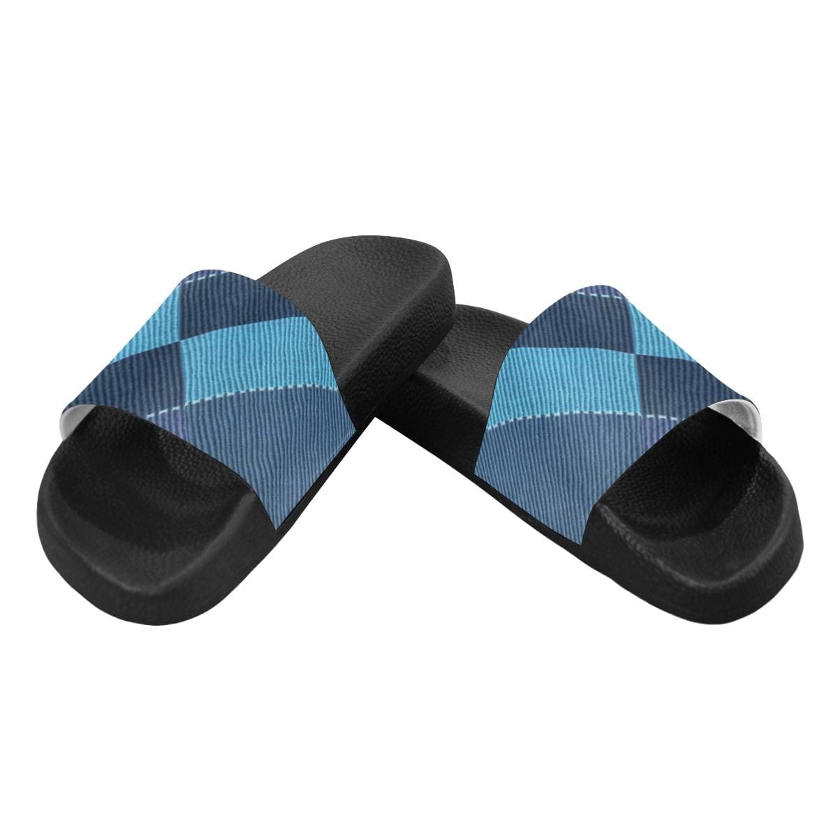 Womens Slides, Flip Flop Sandals, Blue Denim Grid-3