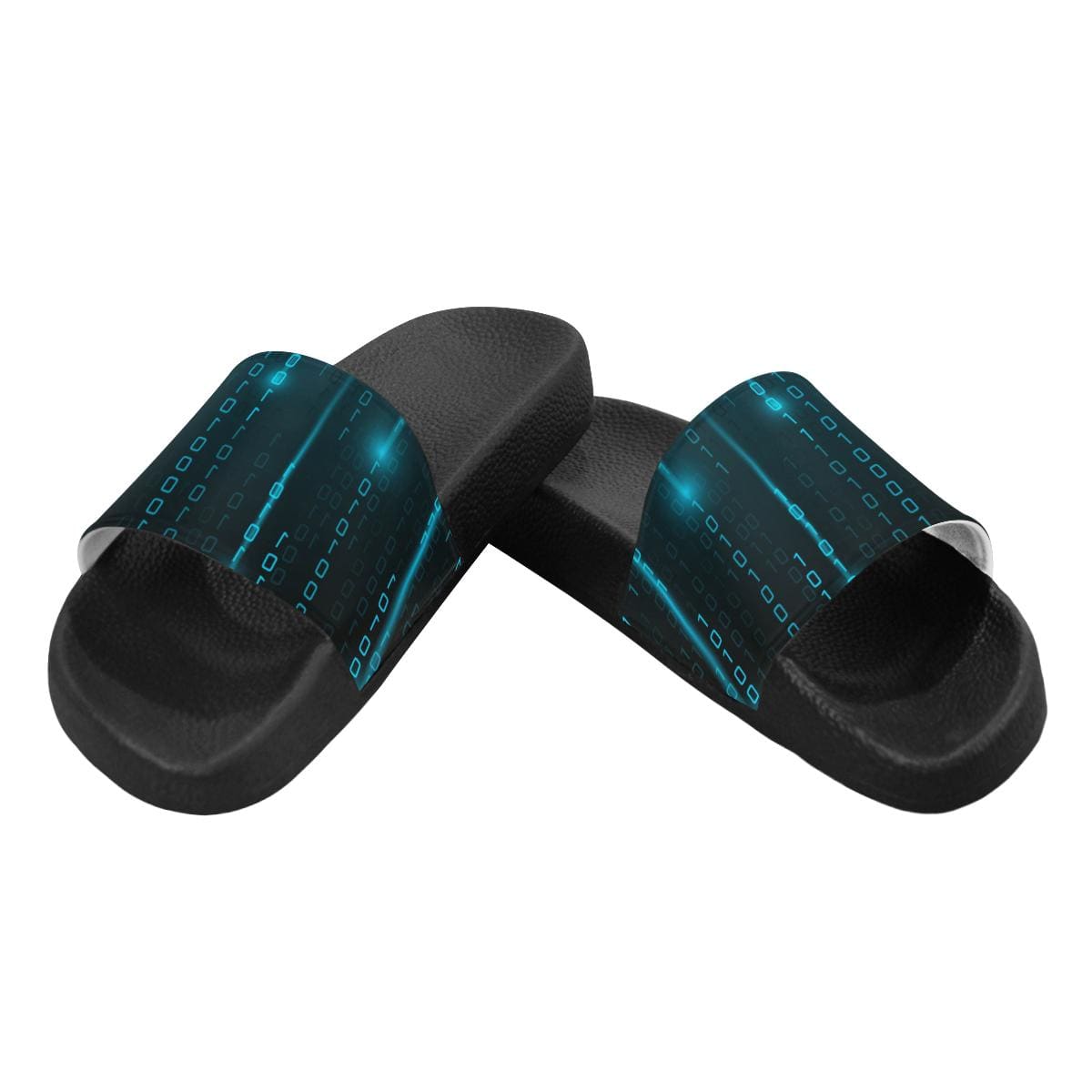 Womens Slides, Flip Flop Sandals, Blue Matrix Print-3