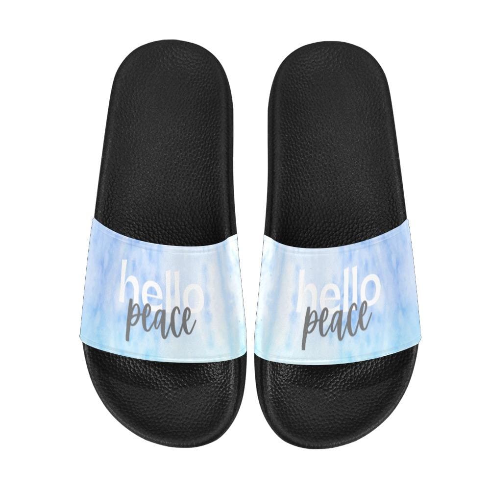 Womens Slides, Flip Flop Sandals, Blue Watercolor Hello Peace Print-2