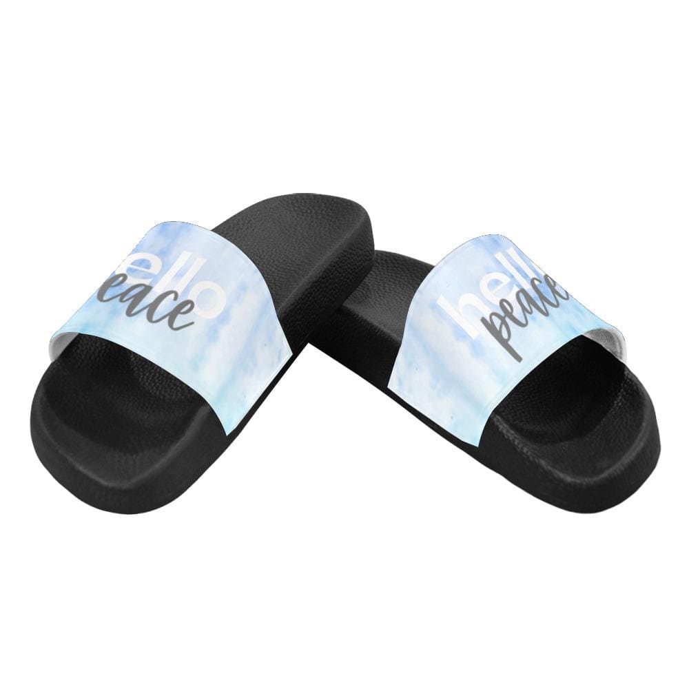 Womens Slides, Flip Flop Sandals, Blue Watercolor Hello Peace Print-3