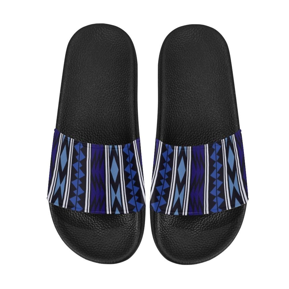 Womens Slides, Flip Flop Sandals, Dark Blue Aztec Print-2