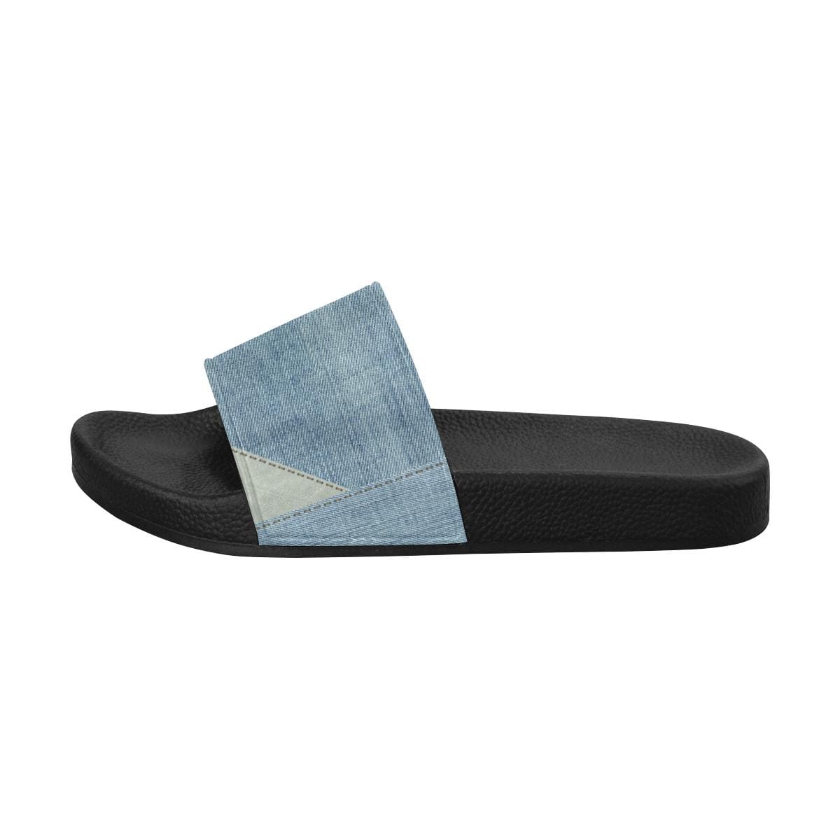 Womens Slides, Flip Flop Sandals, Denim Blue Patch Print-1