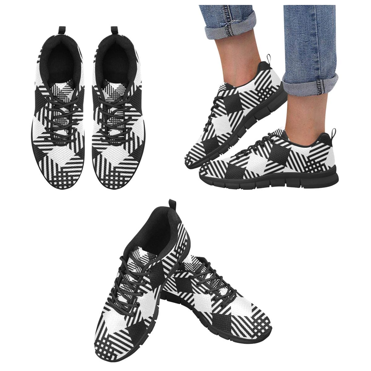 Womens Sneakers, Black And White Plaid Print Running Shoes-3