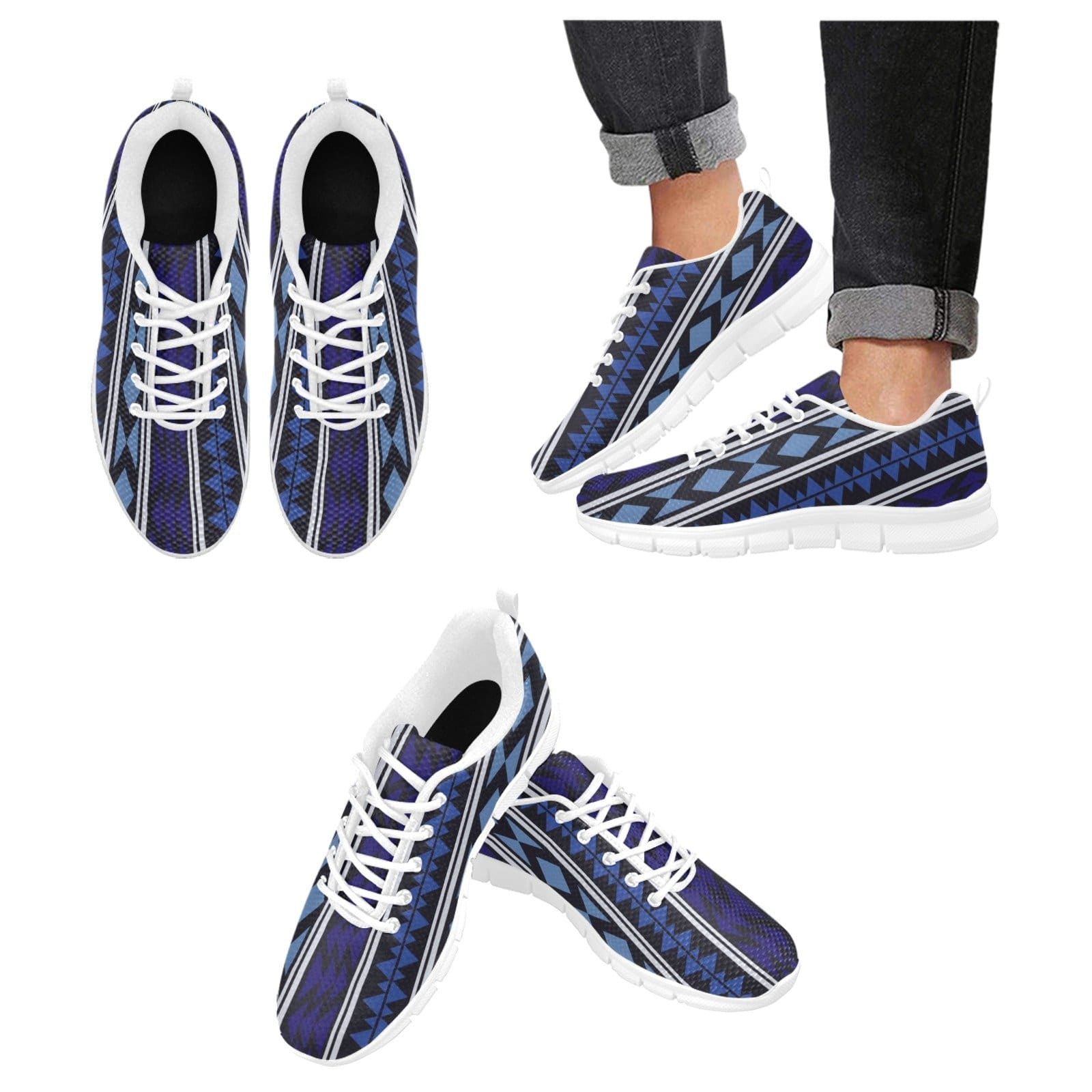 Womens Sneakers, Blue Aztec Print Running Shoes-3