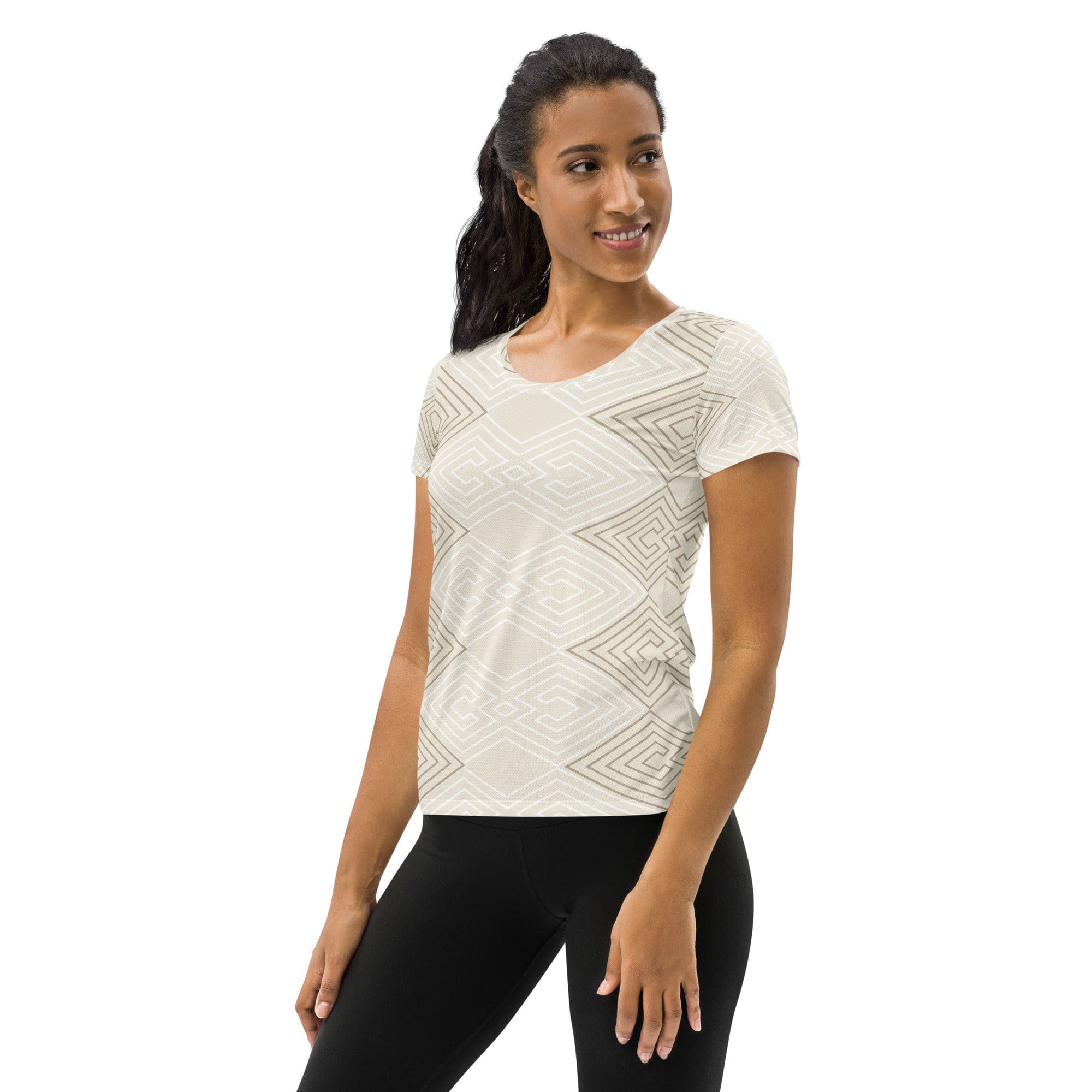 Womens Stretch Fit Athletic Sports T-shirt, Beige And White Tribal-3