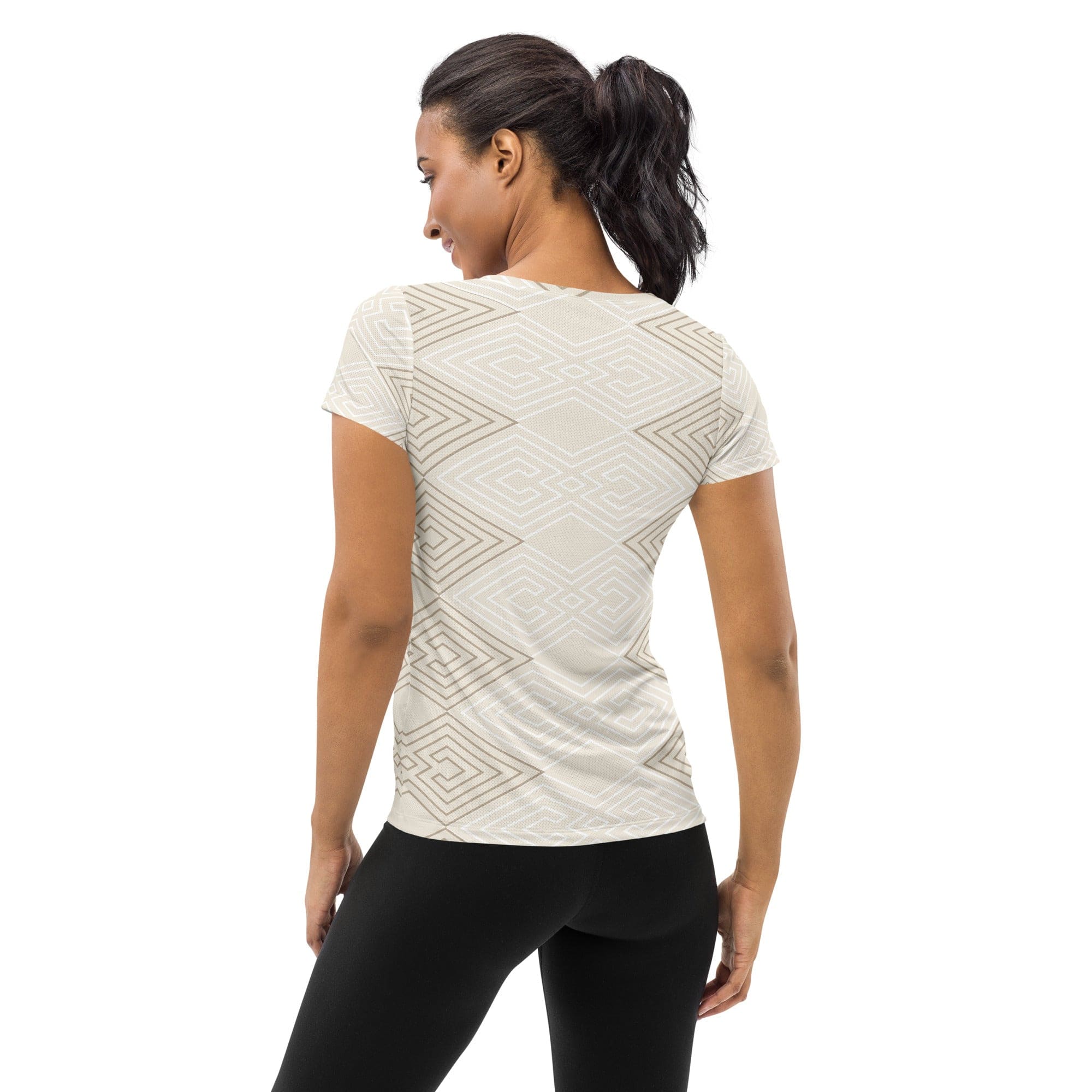 Womens Stretch Fit Athletic Sports T-shirt, Beige And White Tribal-1