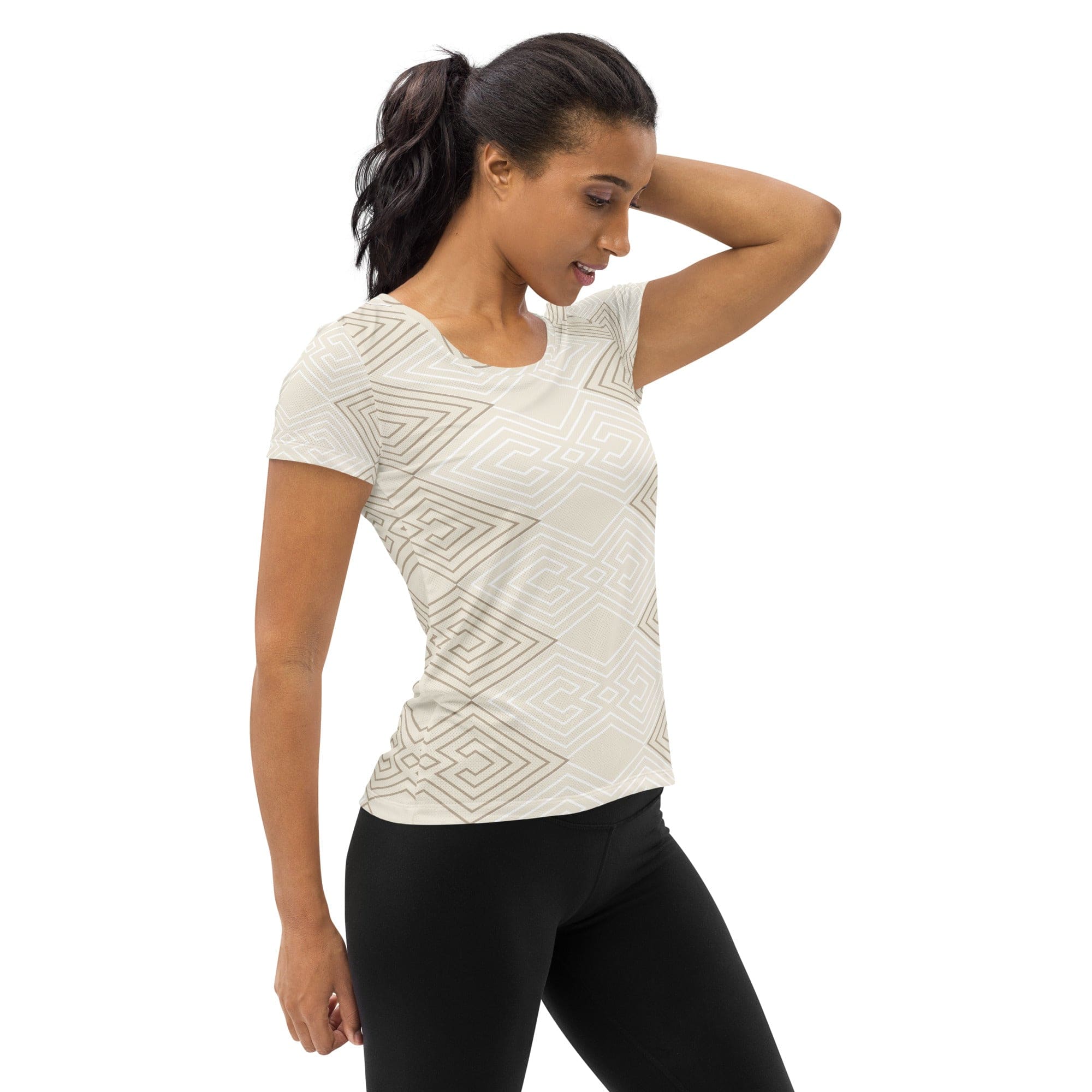 Womens Stretch Fit Athletic Sports T-shirt, Beige And White Tribal-2