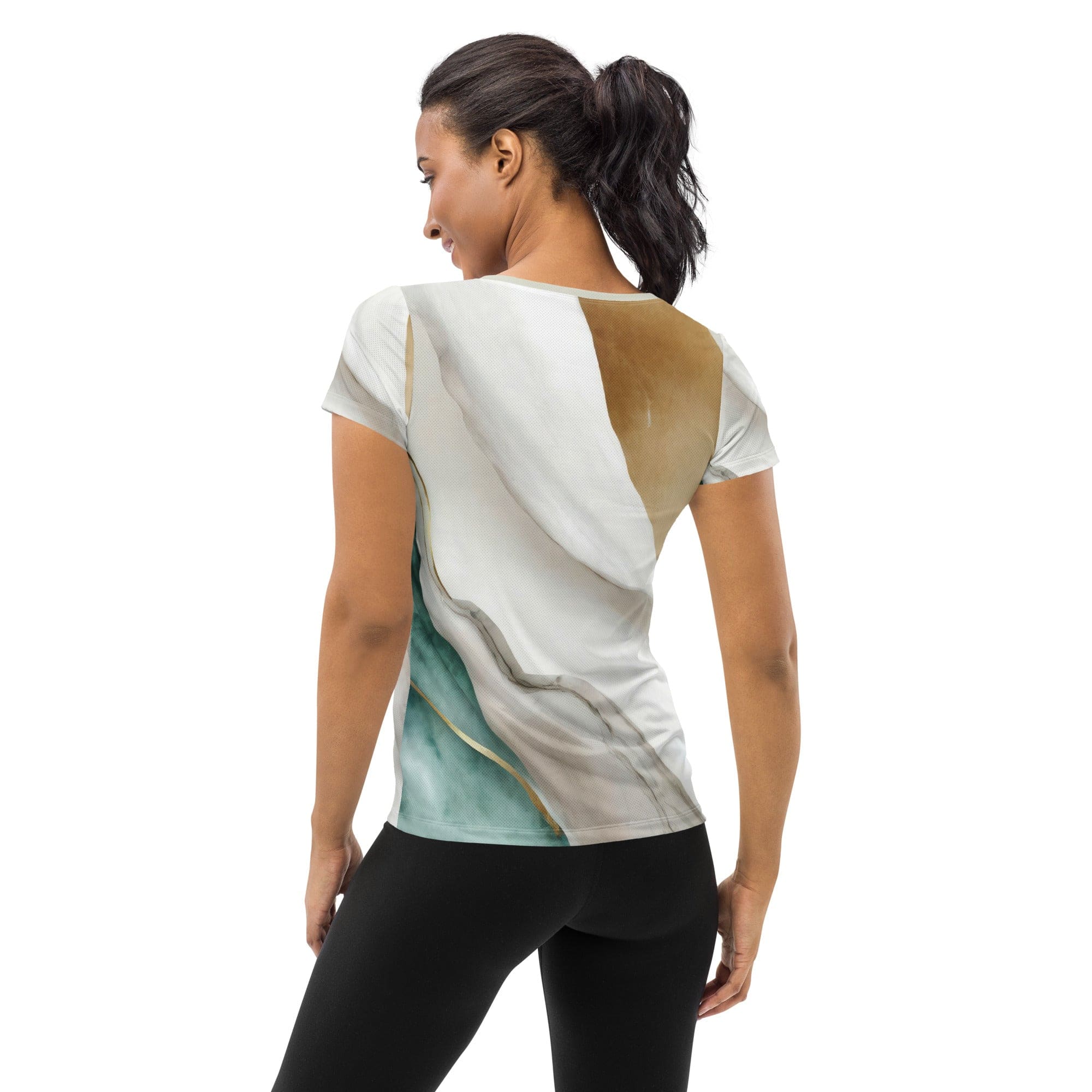 Womens Stretch Fit Athletic Sports T-shirt, Cream White Green Marbled-1