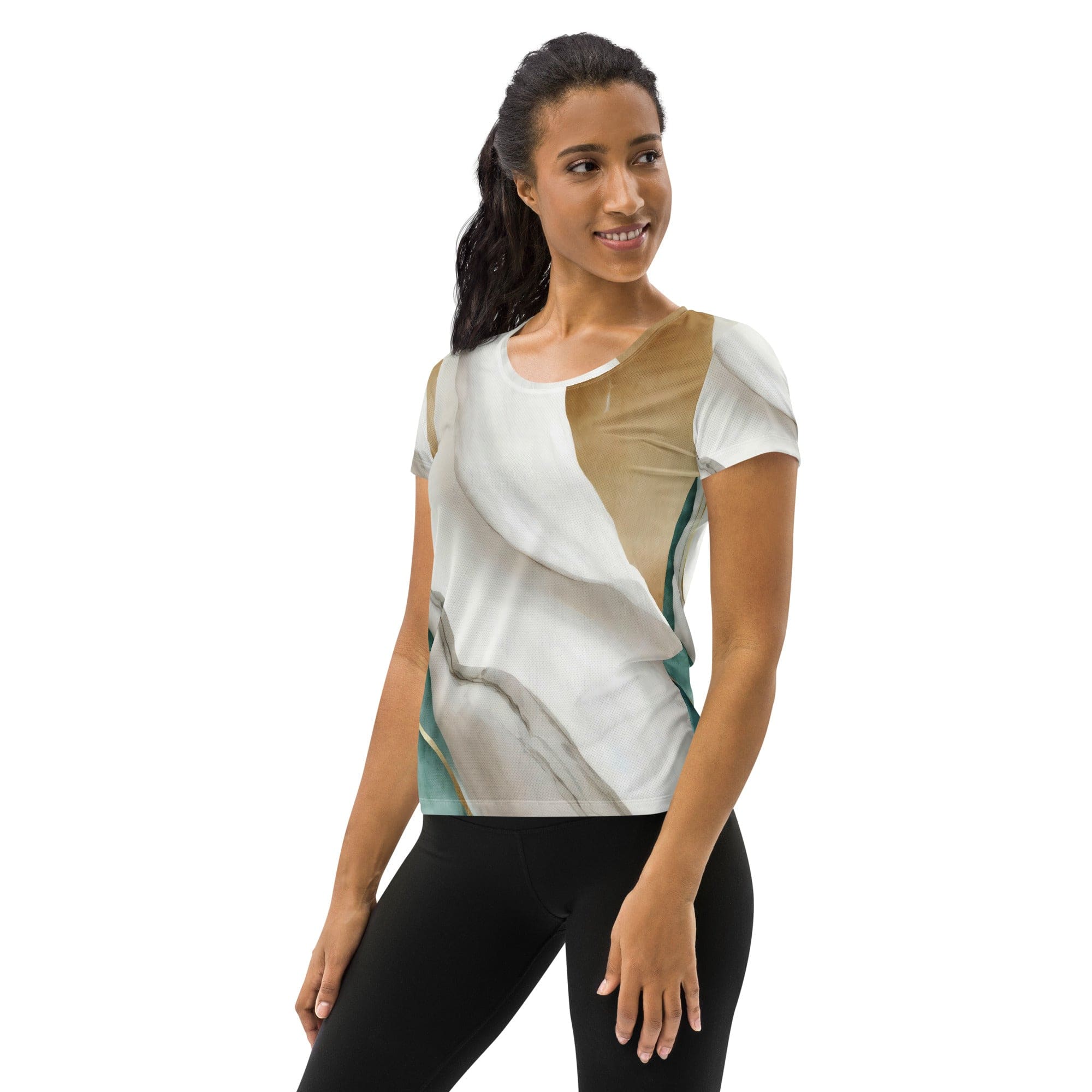 Womens Stretch Fit Athletic Sports T-shirt, Cream White Green Marbled-3