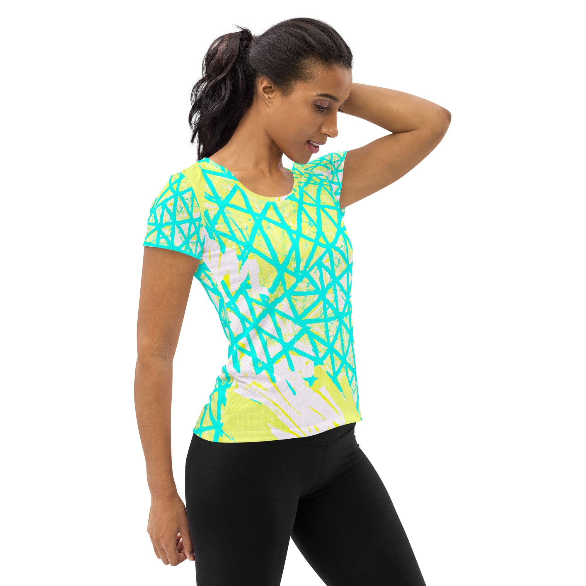 Womens Stretch Fit Athletic Sports T-shirt, Cyan Blue Lime Green-2