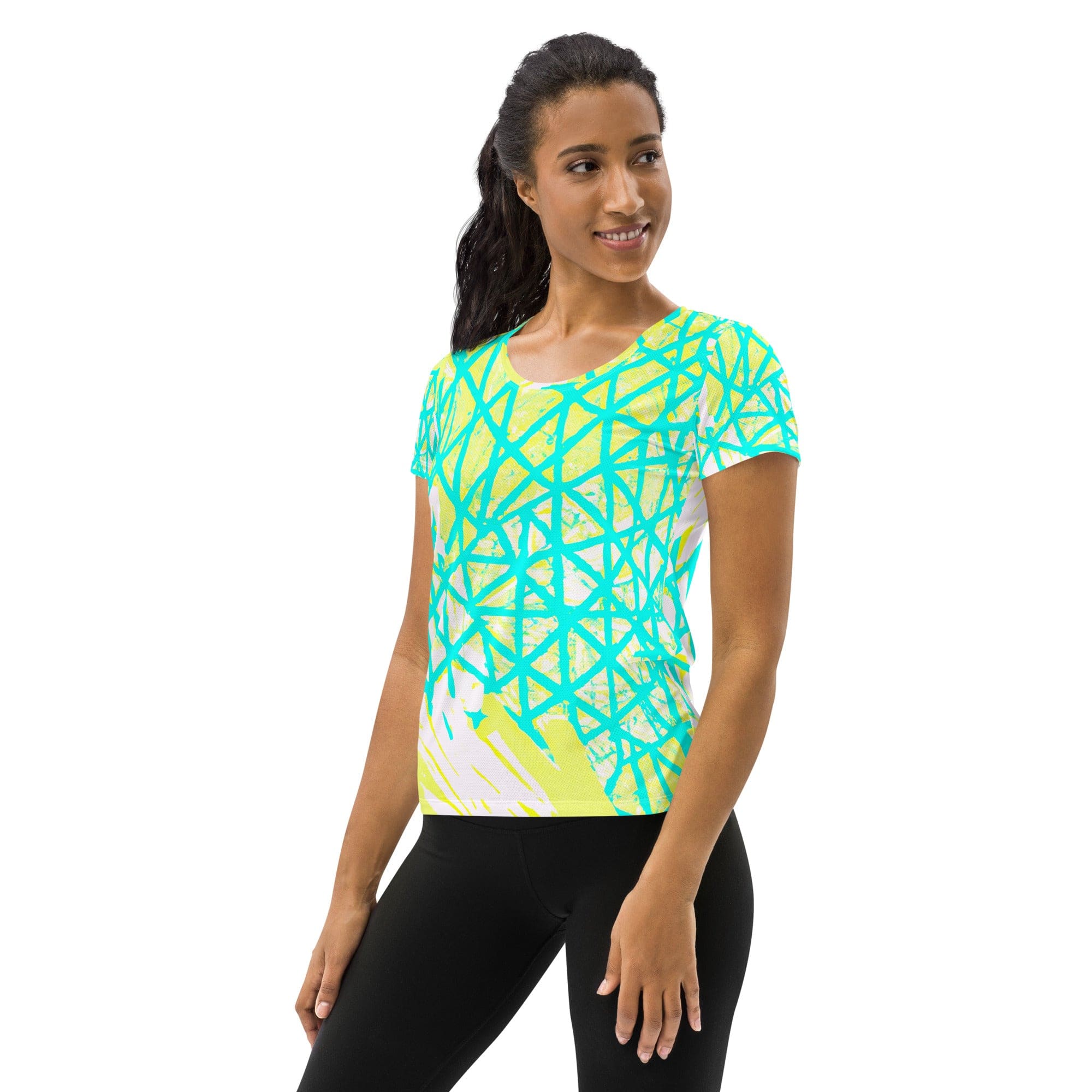 Womens Stretch Fit Athletic Sports T-shirt, Cyan Blue Lime Green-3